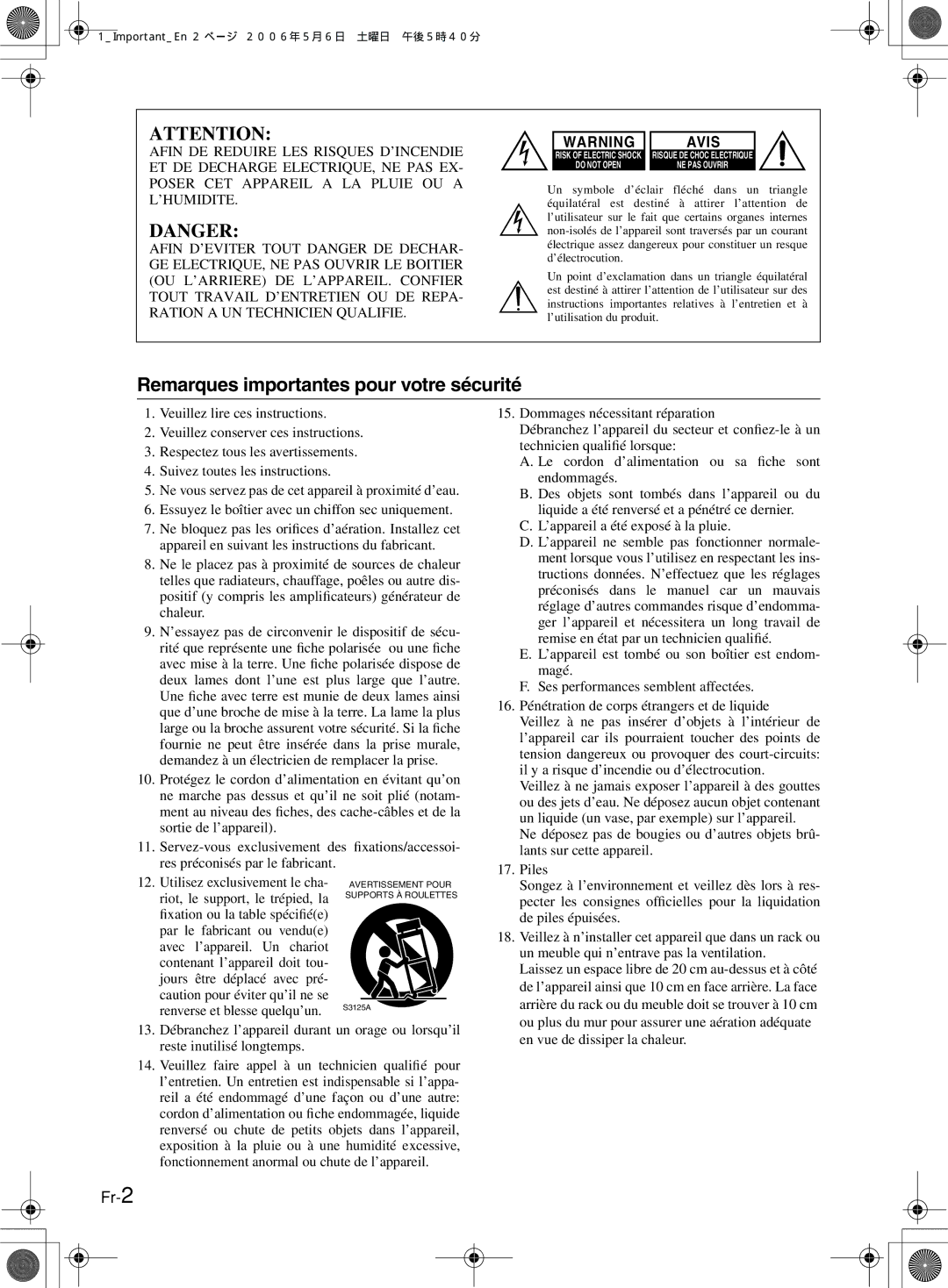 Onkyo TX-8222, TX-8522 manual Remarques importantes pour votre sécurité, Avis 