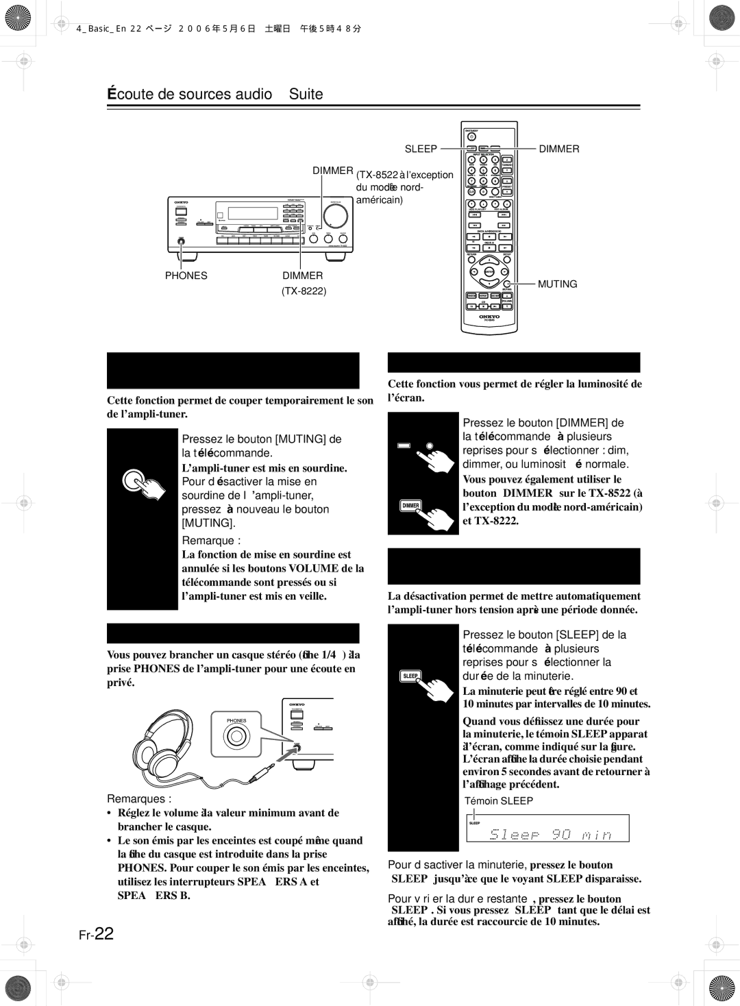 Onkyo TX-8222, TX-8522 manual Écoute de sources audio-Suite, Réglage de la luminosité de l’écran, Utilisation d’un casque 