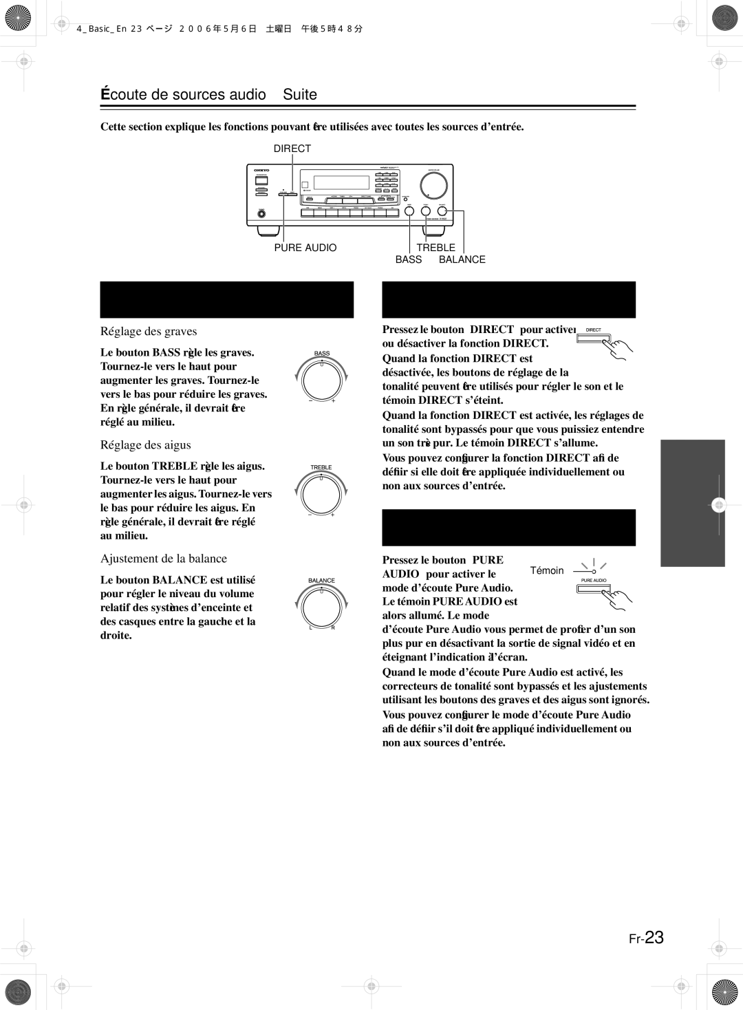 Onkyo TX-8222 manual Utilisation des boutons Tone et Balance, Réglage de la fonction Direct TX-8522 uniquement 