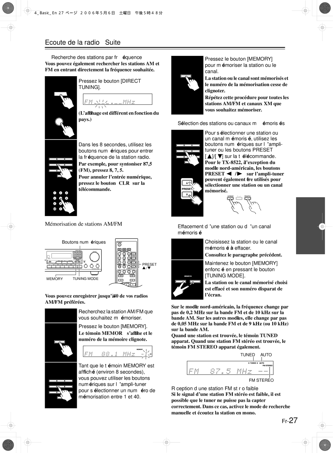 Onkyo TX-8522, TX-8222 manual Ecoute de la radio-Suite, Mémorisation de stations AM/FM, Tuning 