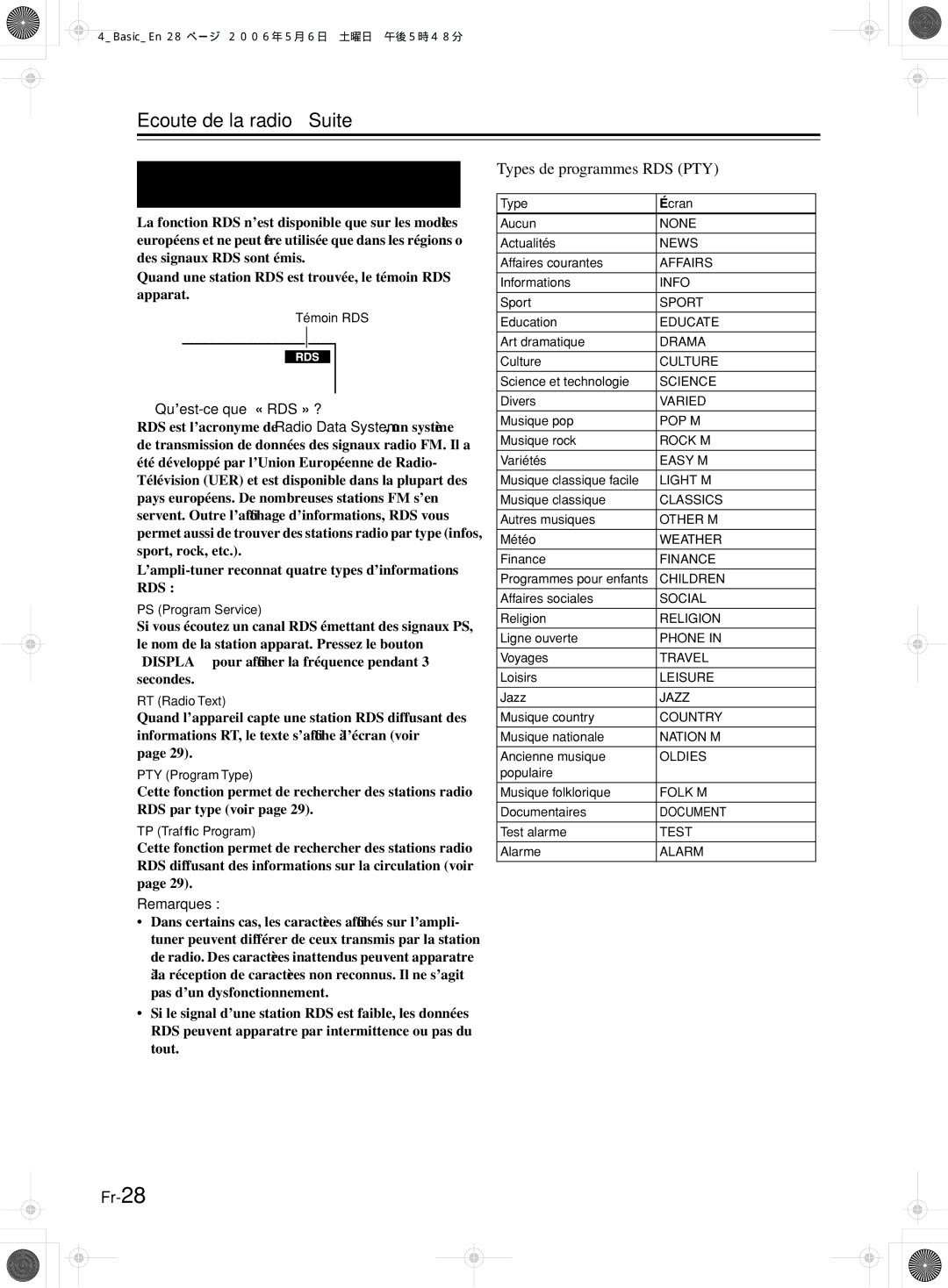 Onkyo TX-8222, TX-8522 manual RDS modèles européens uniquement, Types de programmes RDS PTY, Qu’est-ce que « RDS » ? 