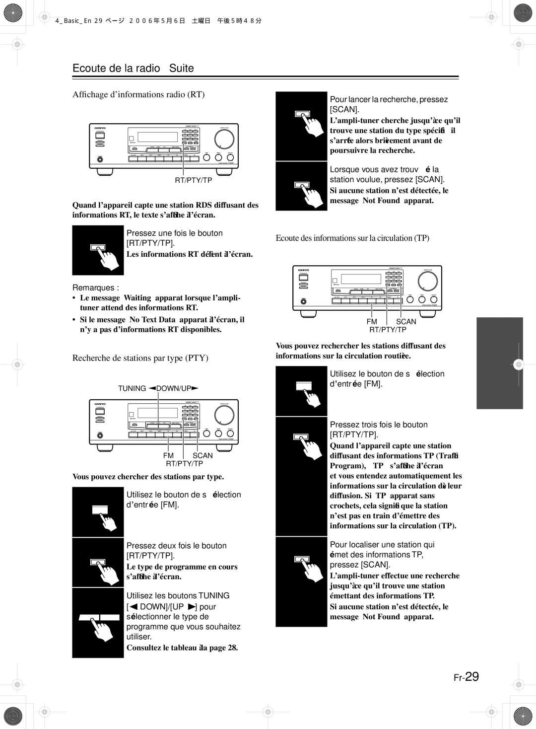 Onkyo TX-8522, TX-8222 manual Afﬁchage d’informations radio RT, Recherche de stations par type PTY, Scan, Rt/Pty/Tp 