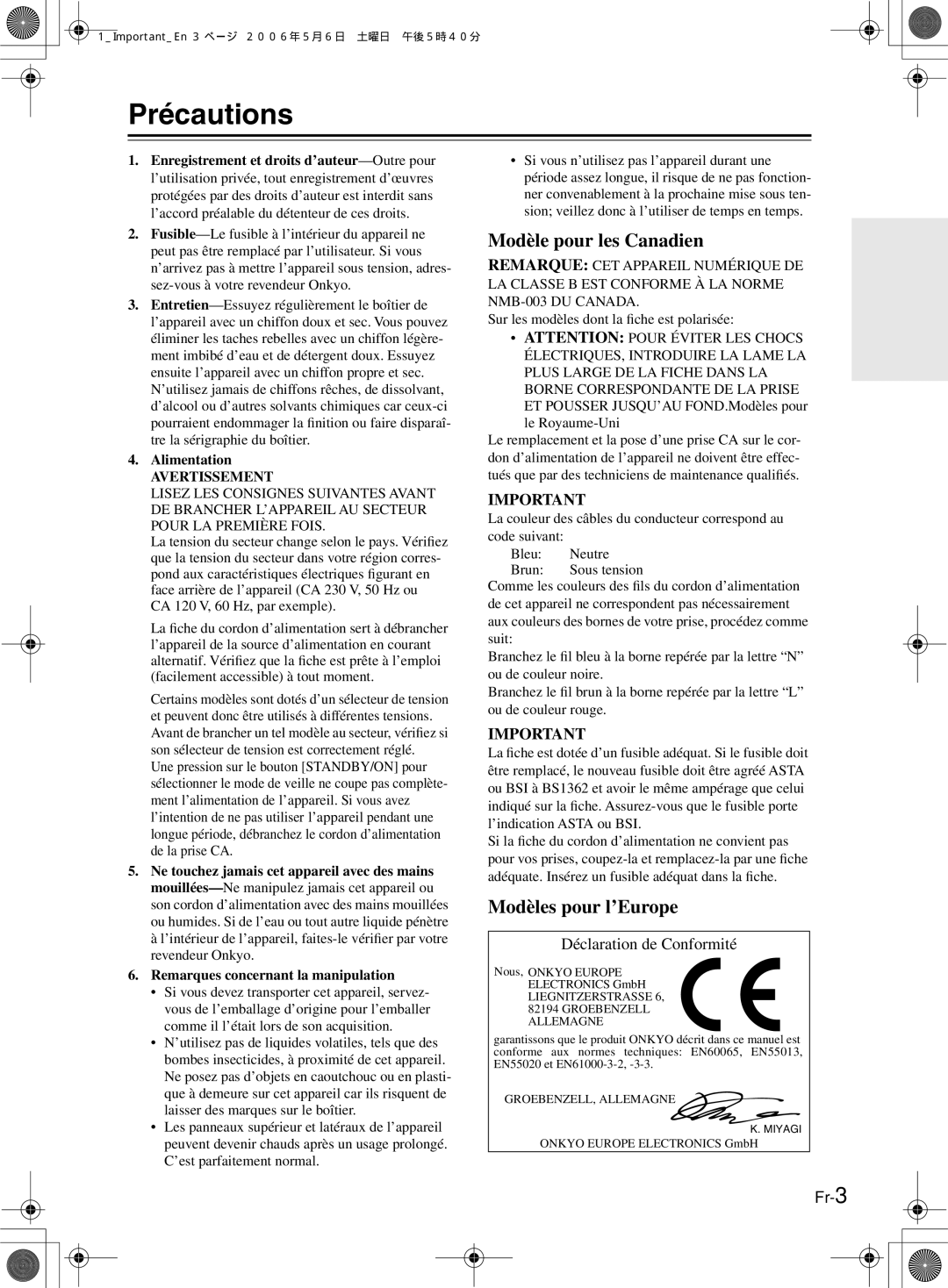 Onkyo TX-8522, TX-8222 manual Précautions, Alimentation 