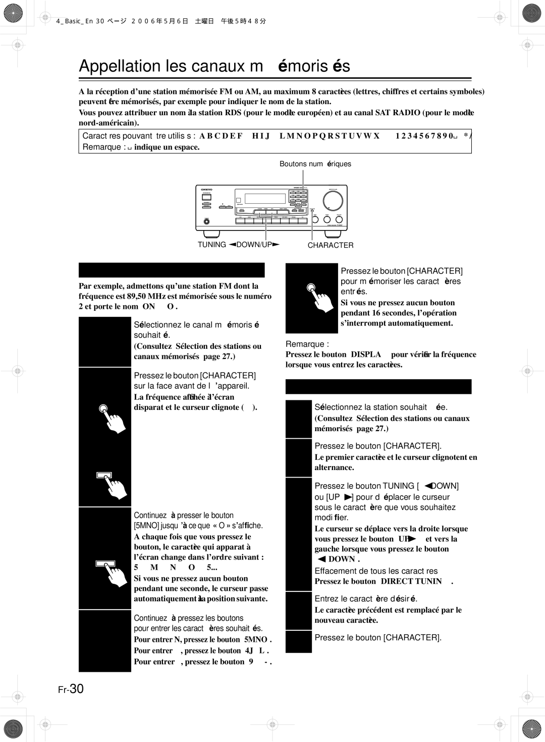 Onkyo TX-8222, TX-8522 manual Appellation les canaux mémorisés, Saisie d’un nom, Correction d’un caractère 