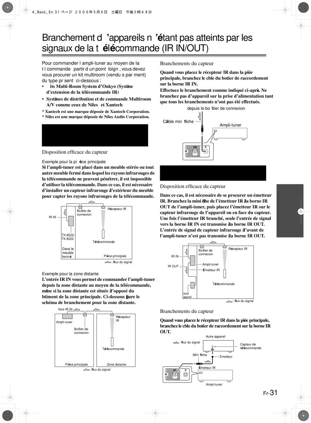 Onkyo TX-8522, TX-8222 manual Disposition efﬁcace du capteur, Branchements du capteur, Exemple pour la pièce principale 