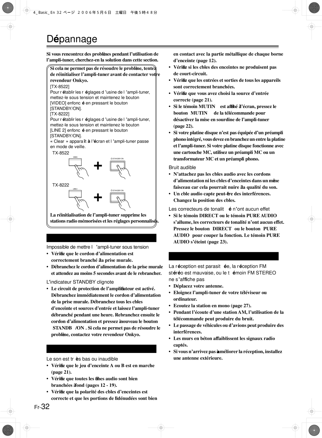 Onkyo TX-8222, TX-8522 manual Dépannage 