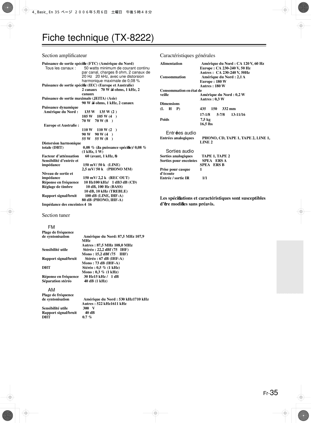 Onkyo TX-8522 manual Fiche technique TX-8222 