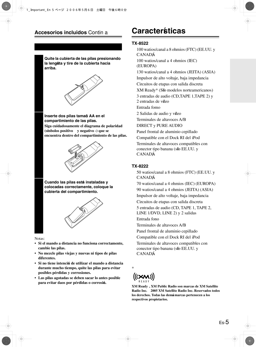 Onkyo TX-8522, TX-8222 manual Características, Accesorios incluidos-Continúa, Instalar las pilas, Notas 