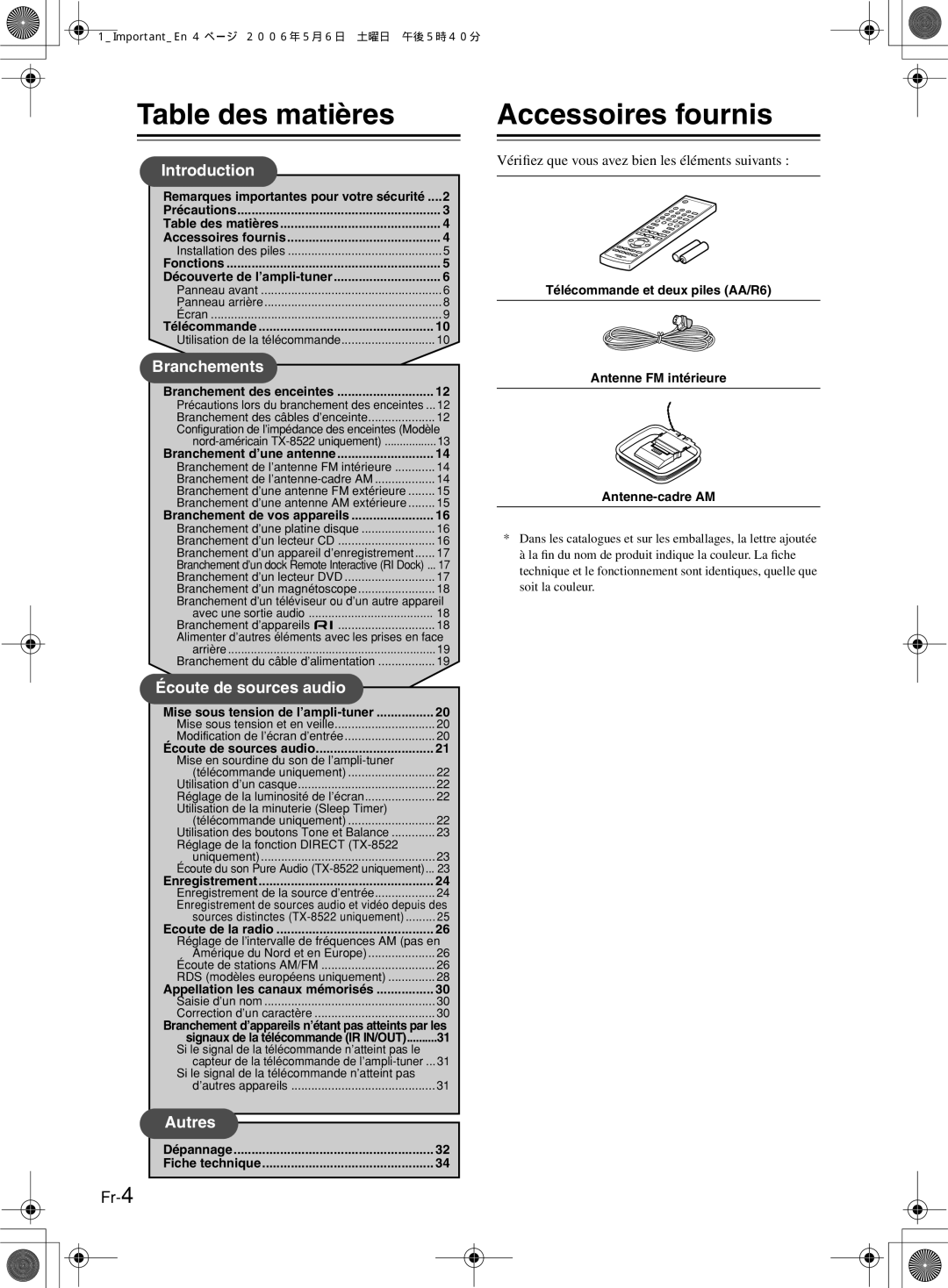 Onkyo TX-8222, TX-8522 manual Table des matières, Accessoires fournis 