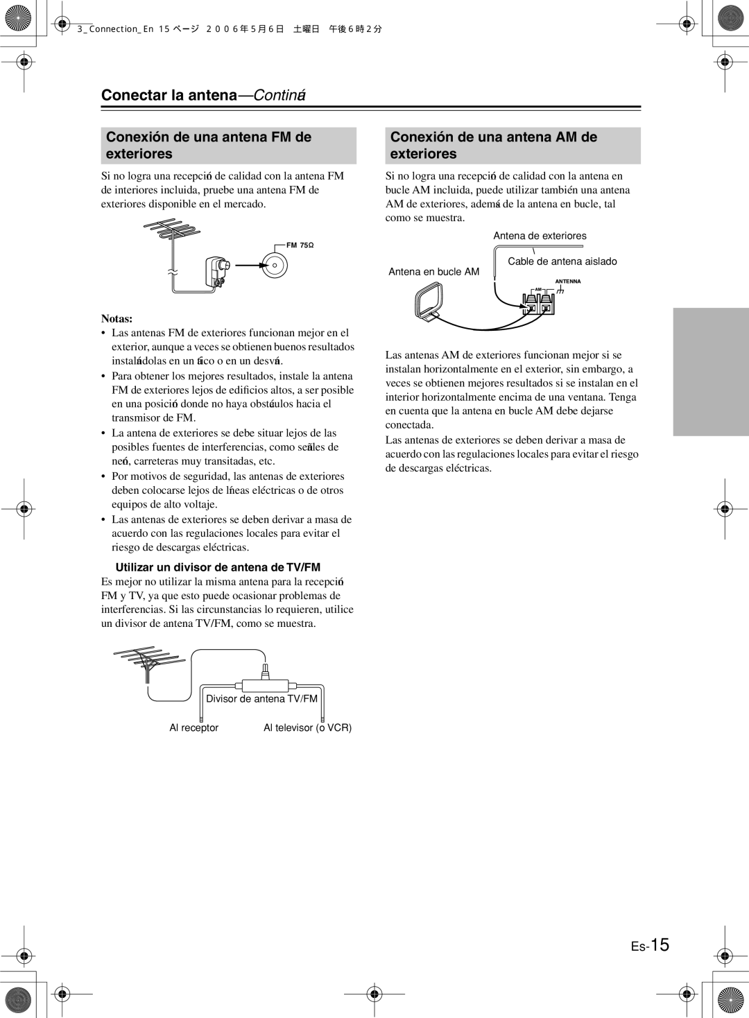 Onkyo TX-8522 Conectar la antena-Continúa, Conexión de una antena FM de exteriores, Utilizar un divisor de antena de TV/FM 