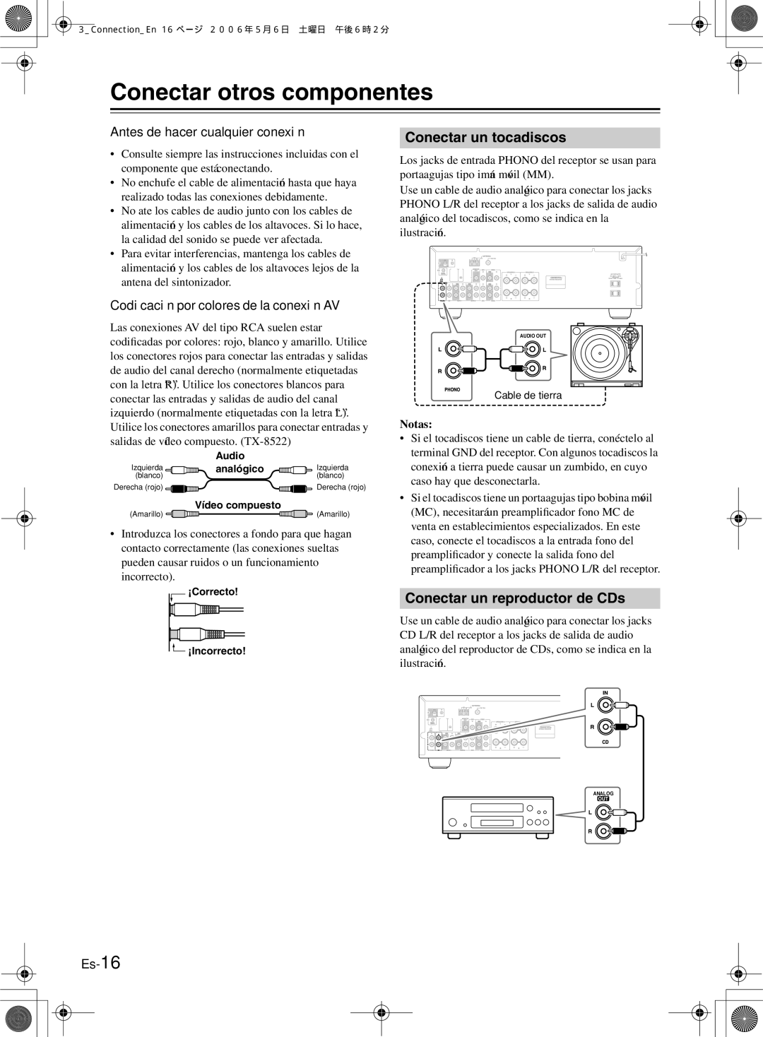 Onkyo TX-8222, TX-8522 manual Conectar otros componentes, Conectar un tocadiscos, Conectar un reproductor de CDs 