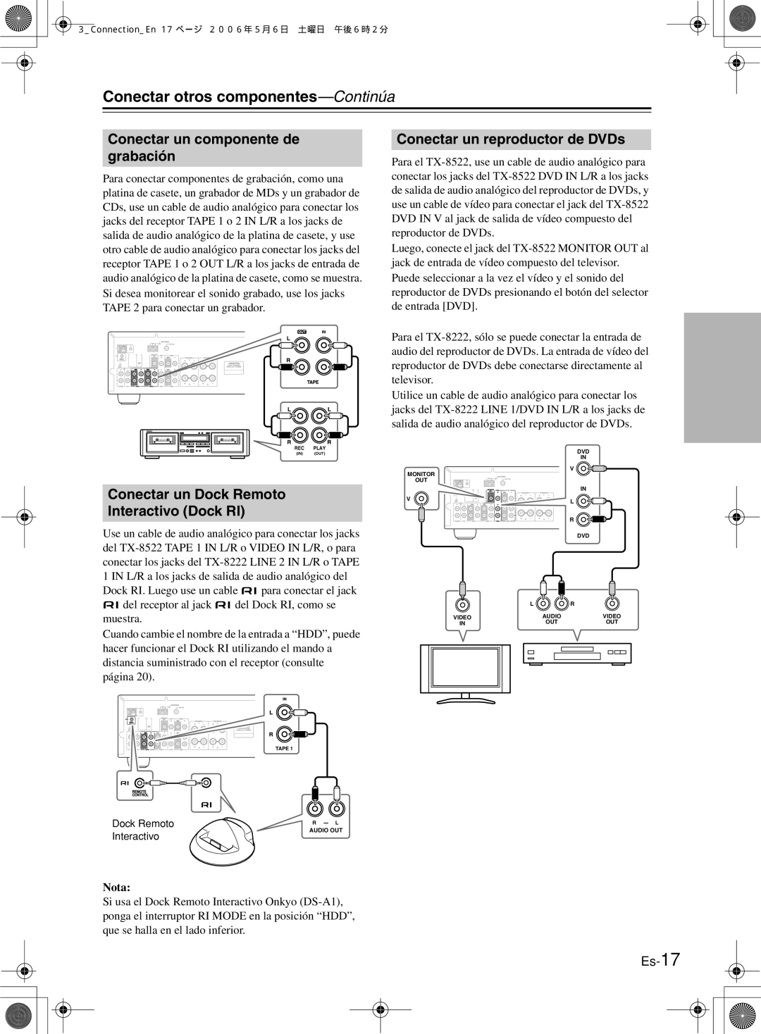 Onkyo TX-8522 Conectar otros componentes-Continúa, Conectar un componente de grabación, Conectar un reproductor de DVDs 