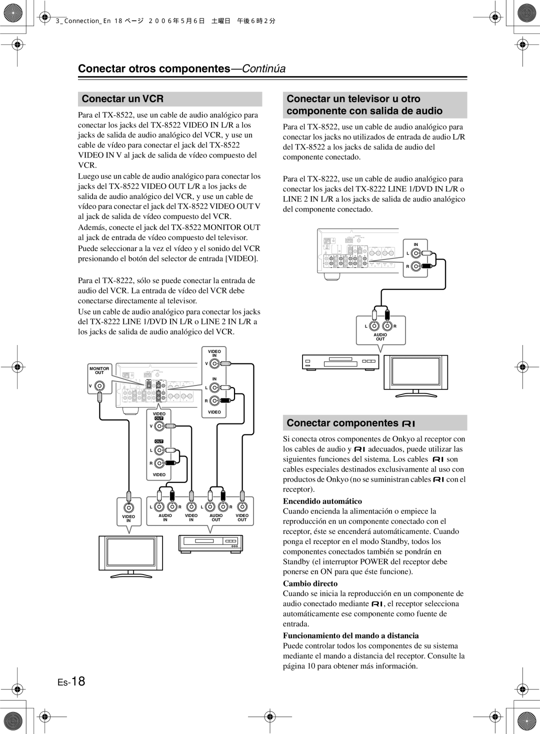 Onkyo TX-8222, TX-8522 Conectar un VCR, Conectar un televisor u otro componente con salida de audio, Conectar componentes 