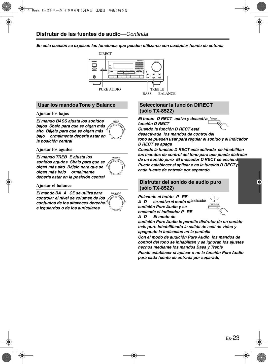 Onkyo TX-8222 manual Usar los mandos Tone y Balance, Seleccionar la función Direct sólo TX-8522 