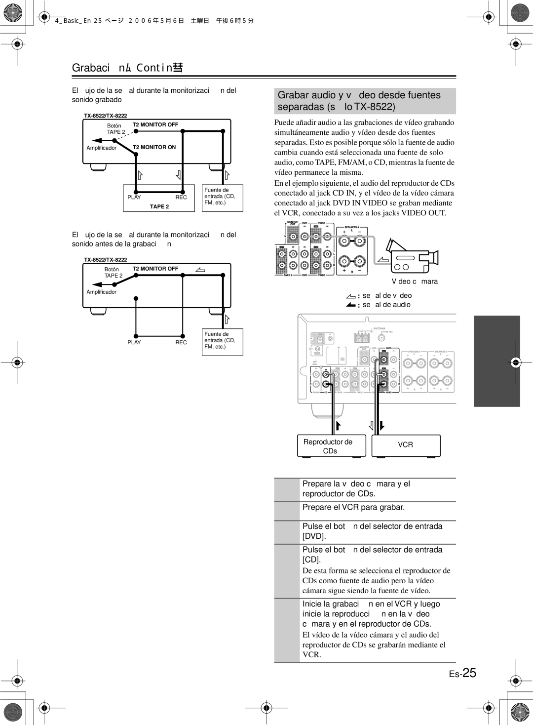 Onkyo TX-8222 manual Grabación-Continúa, Grabar audio y vídeo desde fuentes separadas sólo TX-8522 