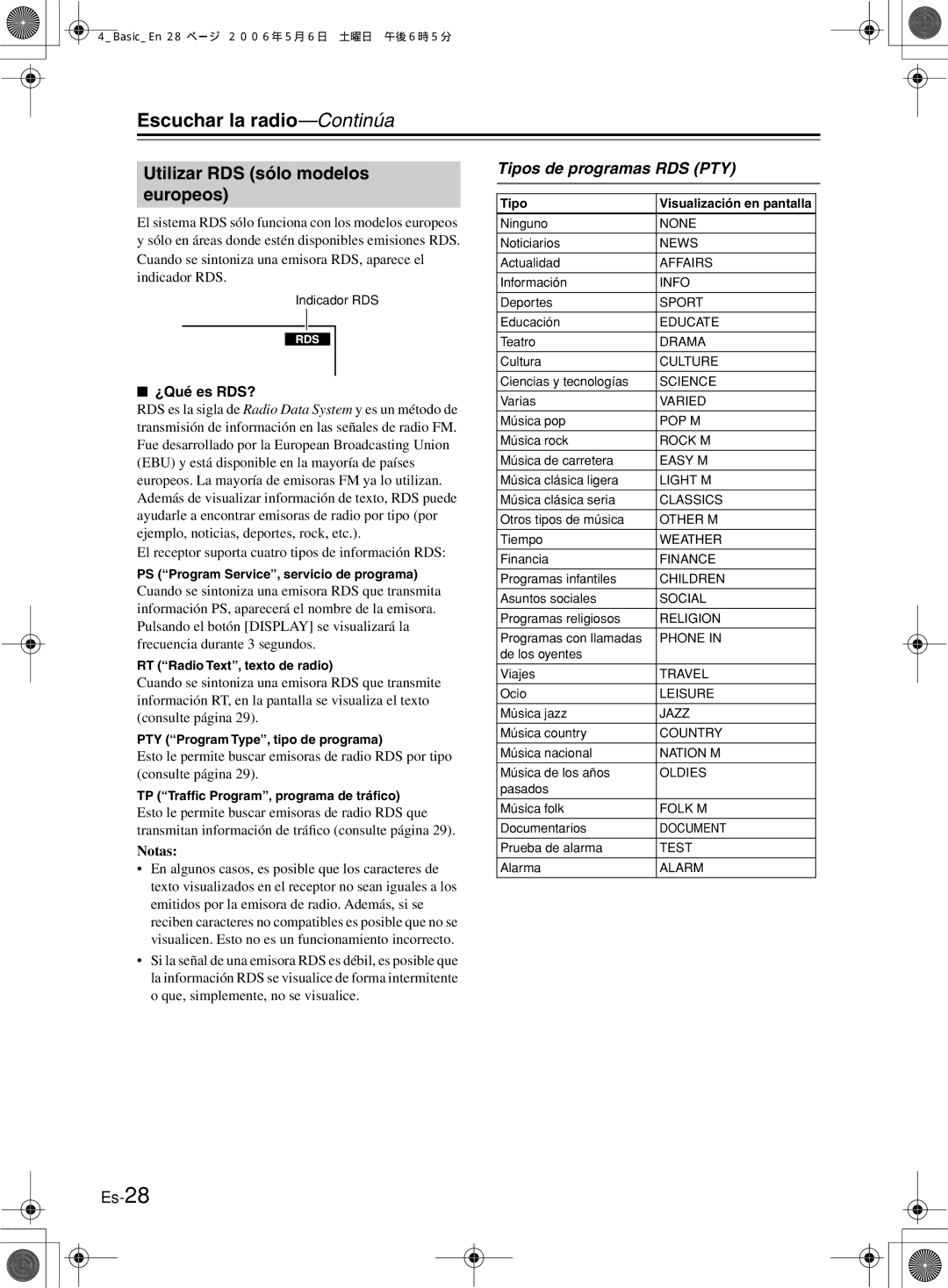 Onkyo TX-8222, TX-8522 manual Utilizar RDS sólo modelos europeos, Tipos de programas RDS PTY, ¿Qué es RDS? 