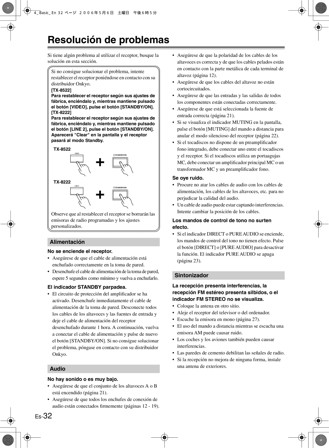 Onkyo TX-8222, TX-8522 manual Resolución de problemas 