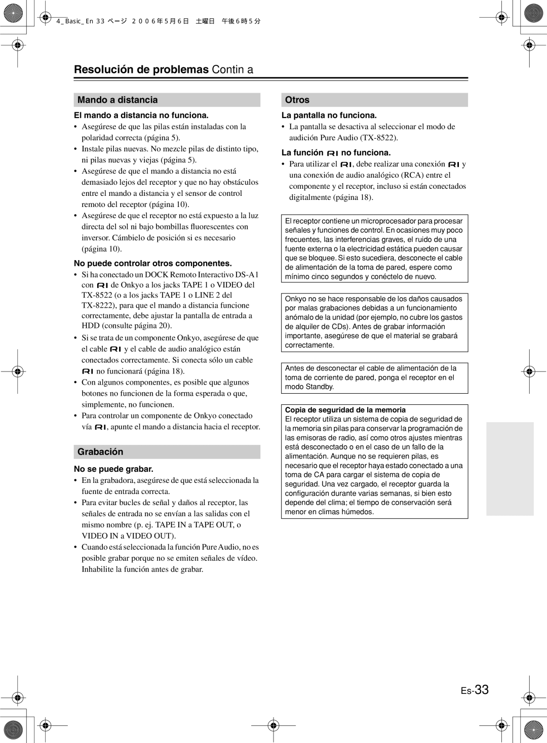 Onkyo TX-8522, TX-8222 manual Resolución de problemas-Continúa 