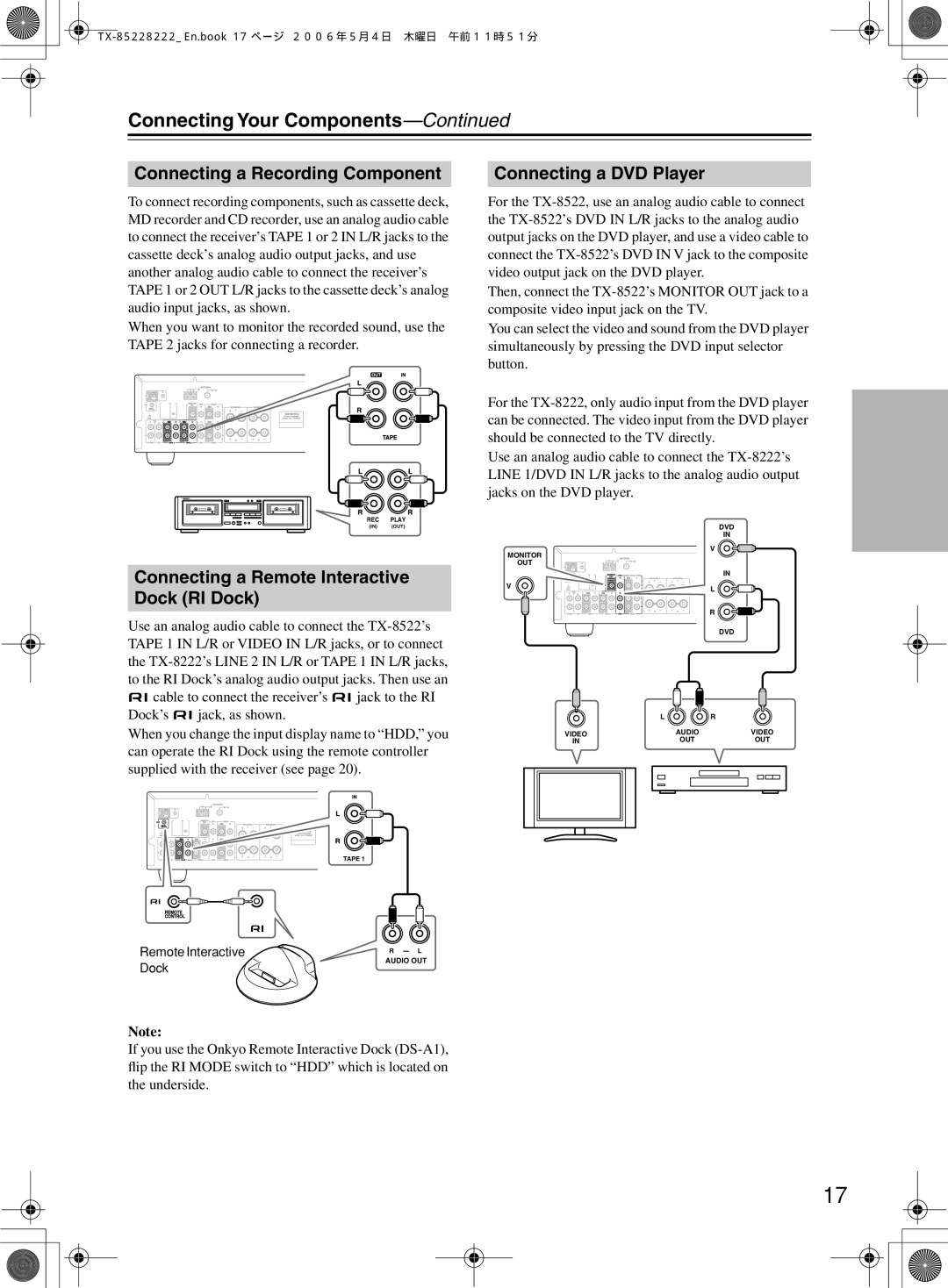 Onkyo TX-8522 Connecting Your Components, Connecting a Recording Component Connecting a DVD Player, Remote Interactive 