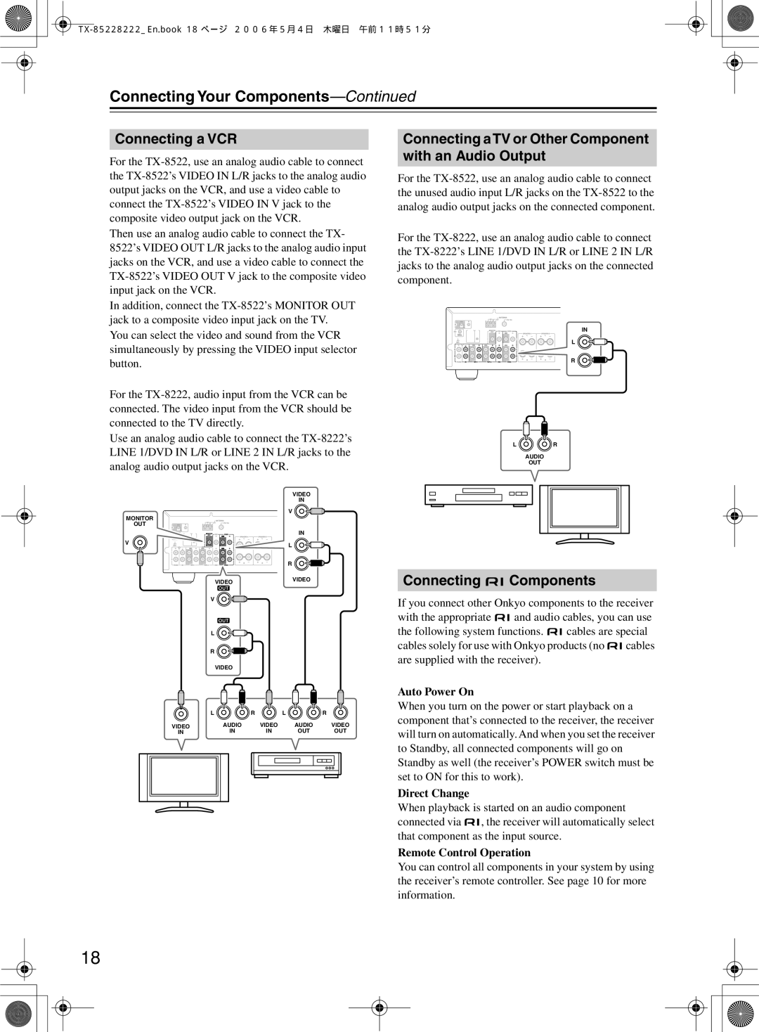 Onkyo TX-8222, TX-8522 Connecting a VCR, Connecting aTV or Other Component with an Audio Output, Connecting Components 