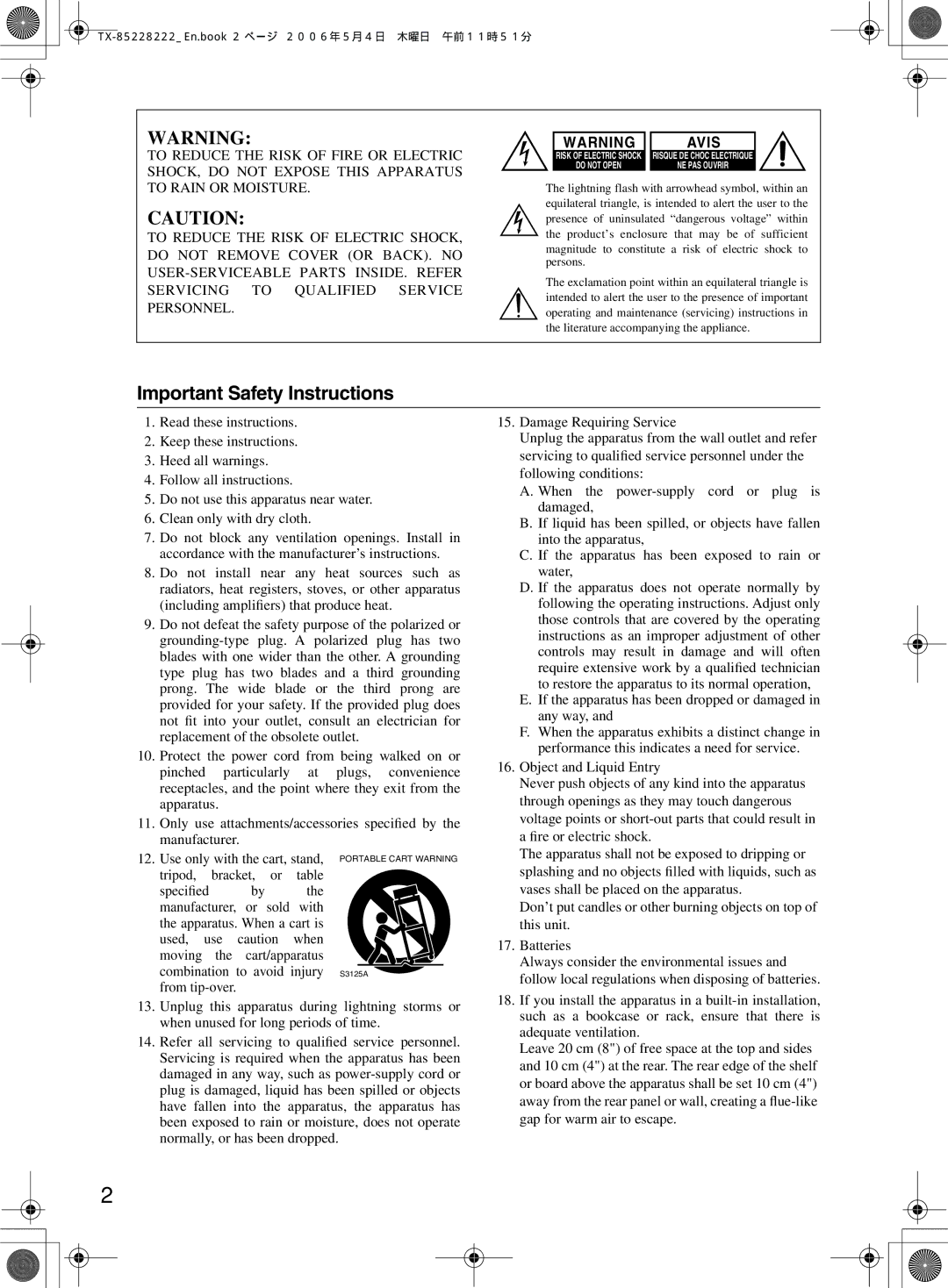 Onkyo TX-8222, TX-8522 instruction manual Important Safety Instructions, Avis 