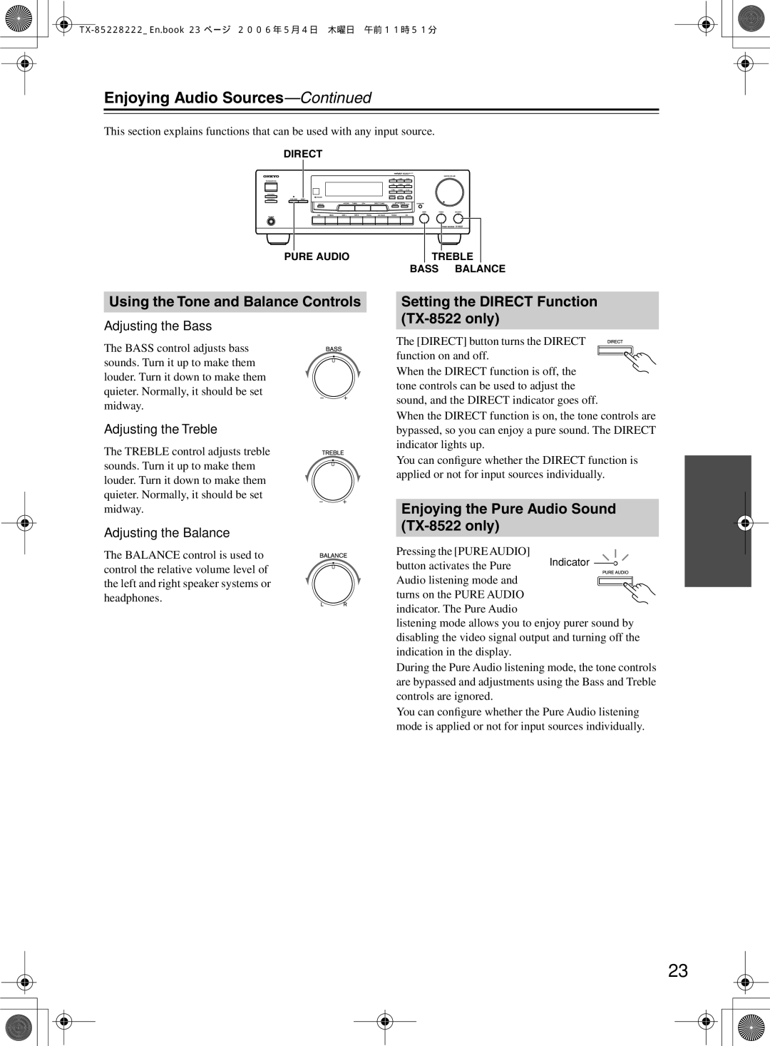 Onkyo TX-8222 instruction manual Using the Tone and Balance Controls, Setting the Direct Function TX-8522 only 