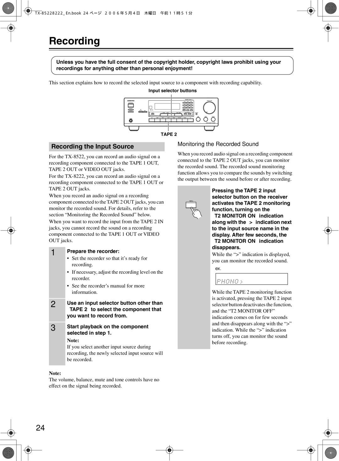 Onkyo TX-8222, TX-8522 instruction manual Recording, Monitoring the Recorded Sound 