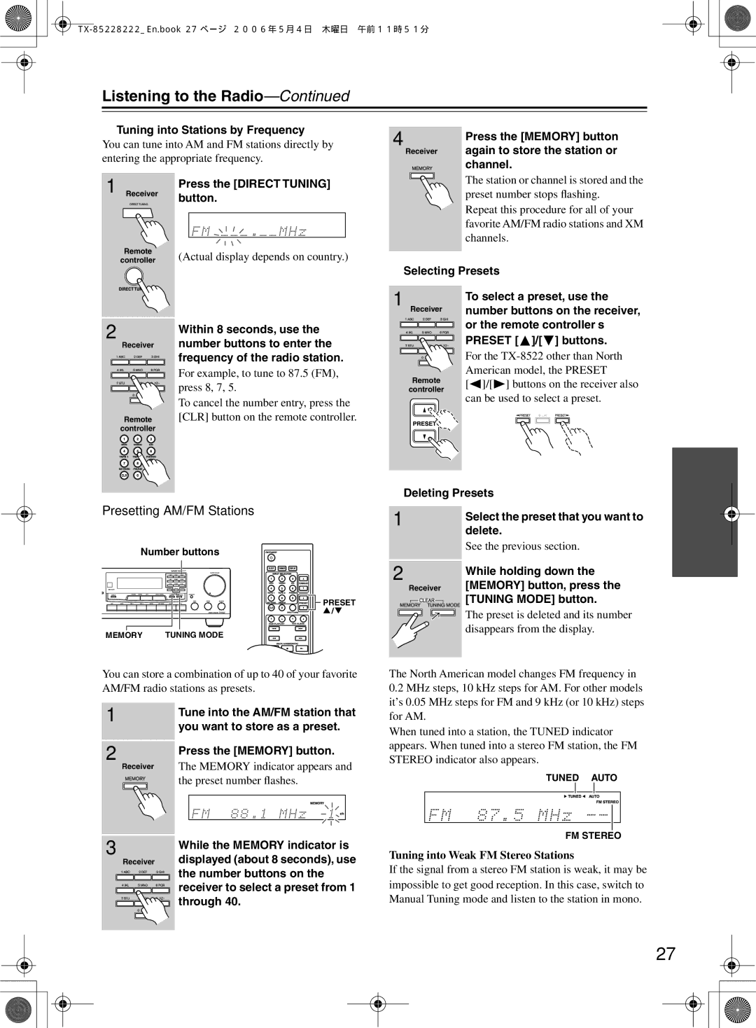 Onkyo TX-8522, TX-8222 instruction manual Listening to the Radio, Presetting AM/FM Stations 