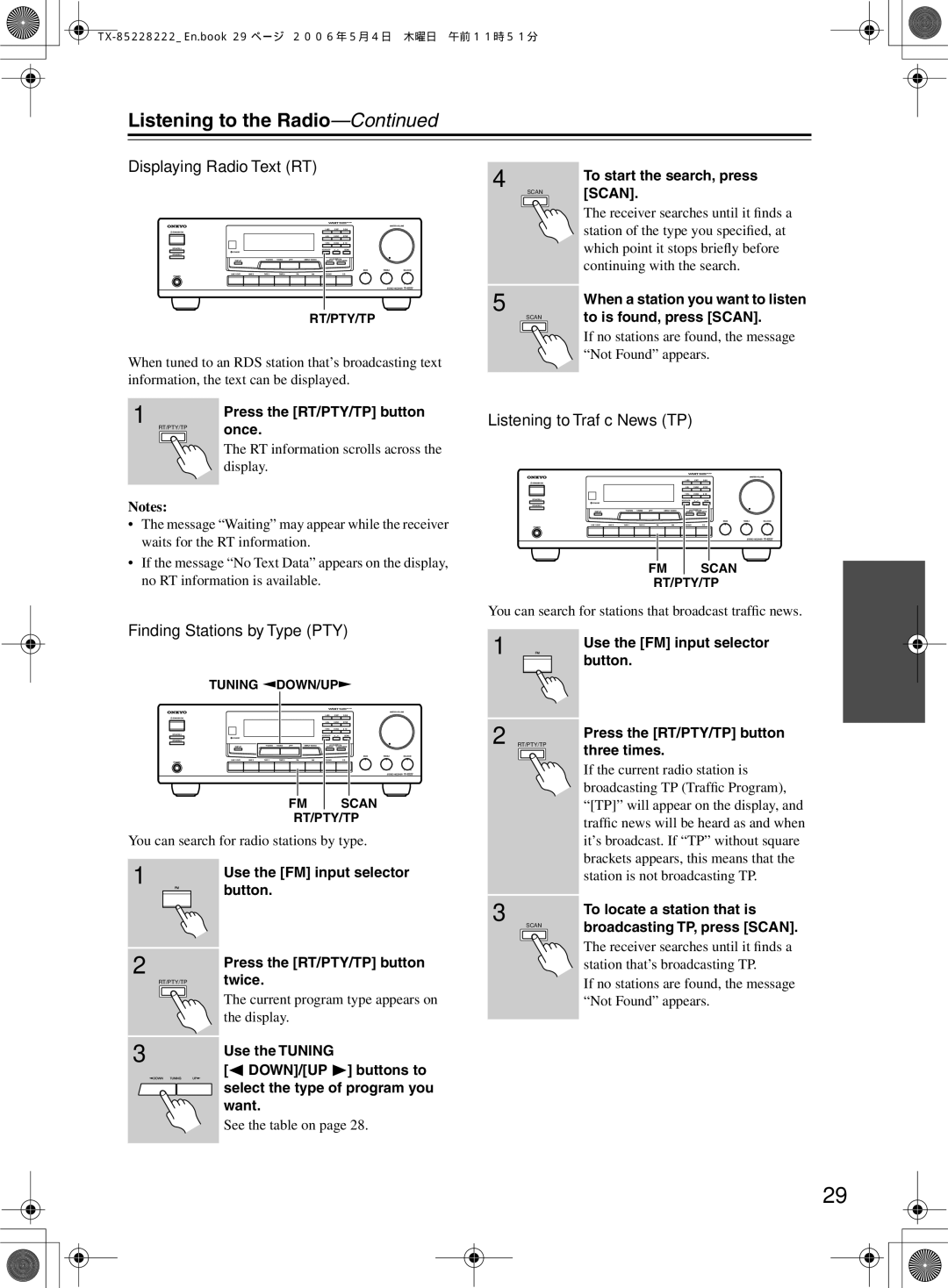 Onkyo TX-8522, TX-8222 Displaying Radio Text RT, Finding Stations by Type PTY, Listening to Trafﬁc News TP 