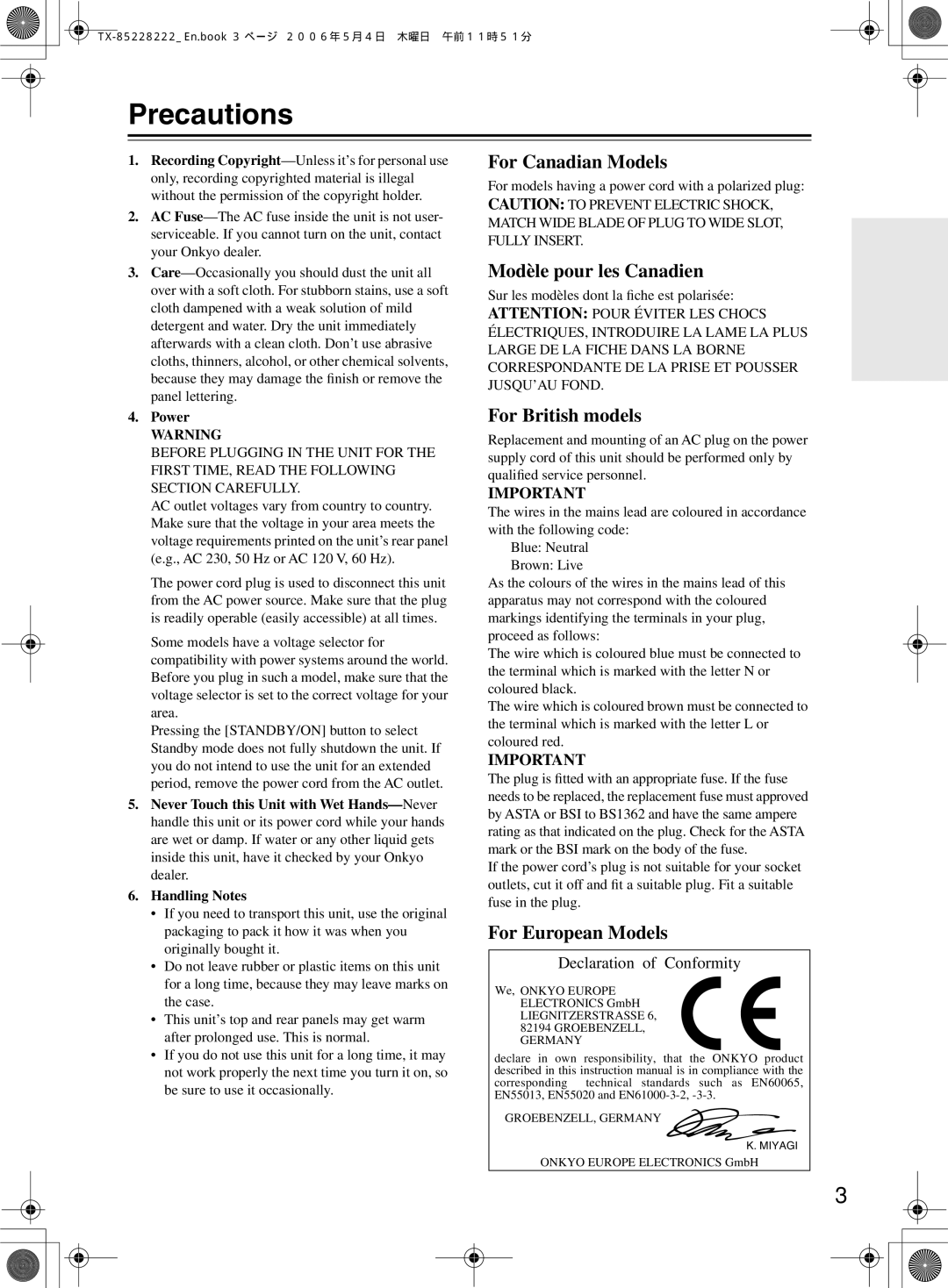 Onkyo TX-8522, TX-8222 instruction manual Precautions, Power 