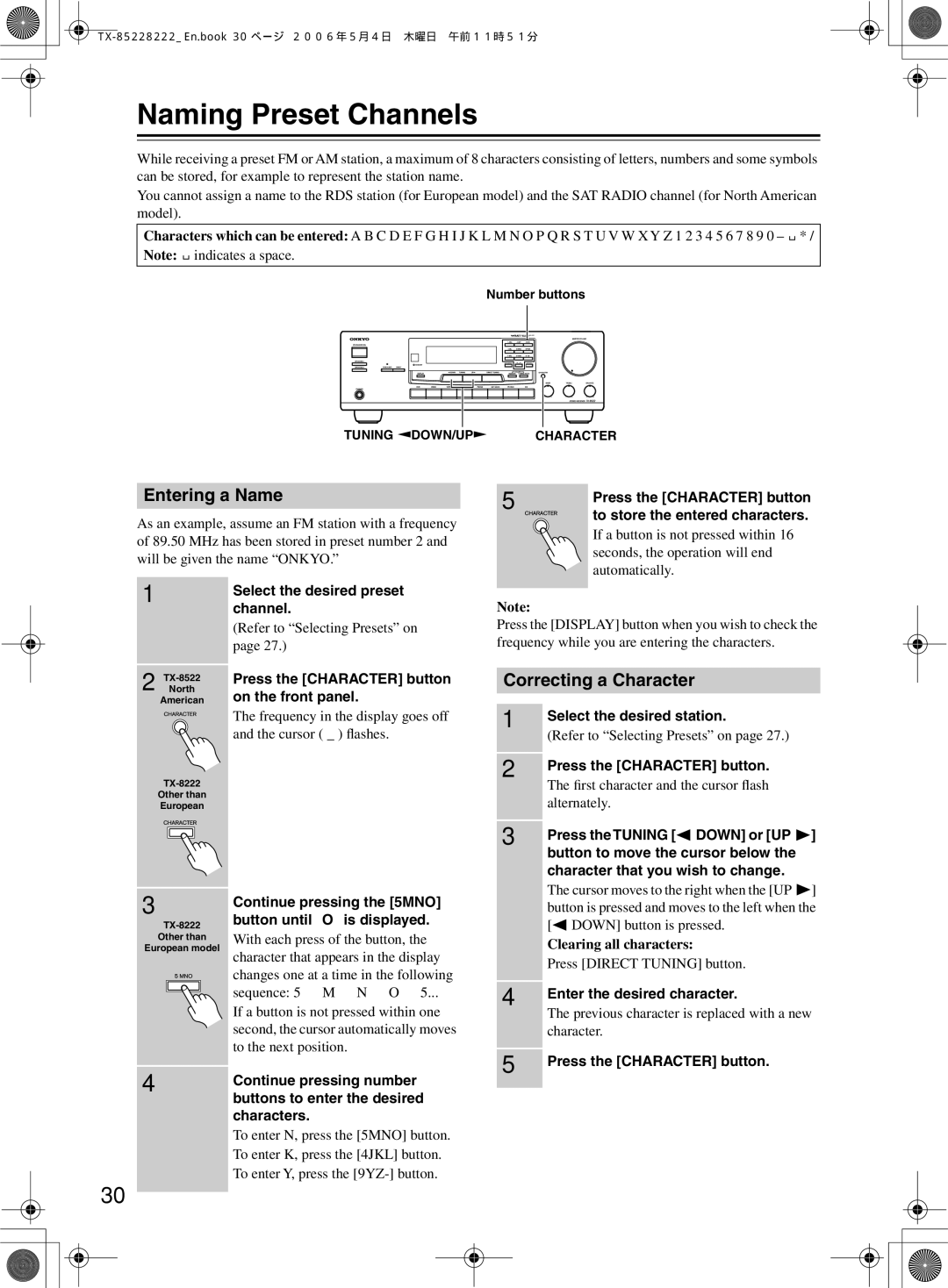 Onkyo TX-8222, TX-8522 instruction manual Naming Preset Channels, Entering a Name, Correcting a Character 