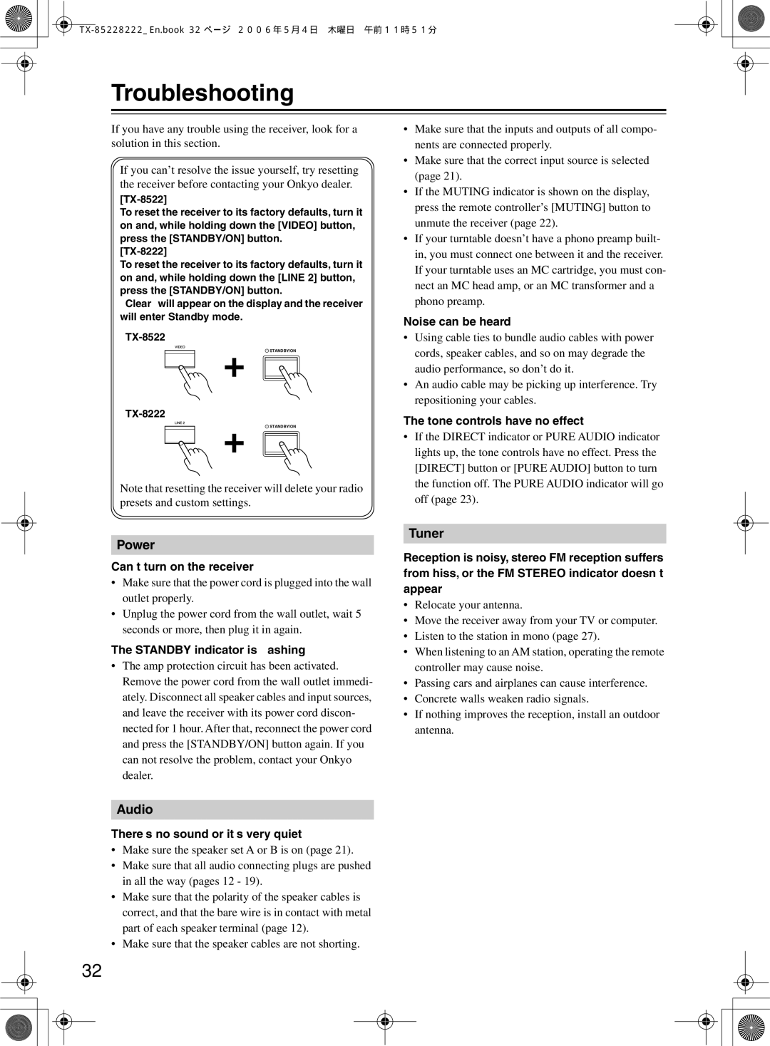 Onkyo TX-8222, TX-8522 instruction manual Troubleshooting 