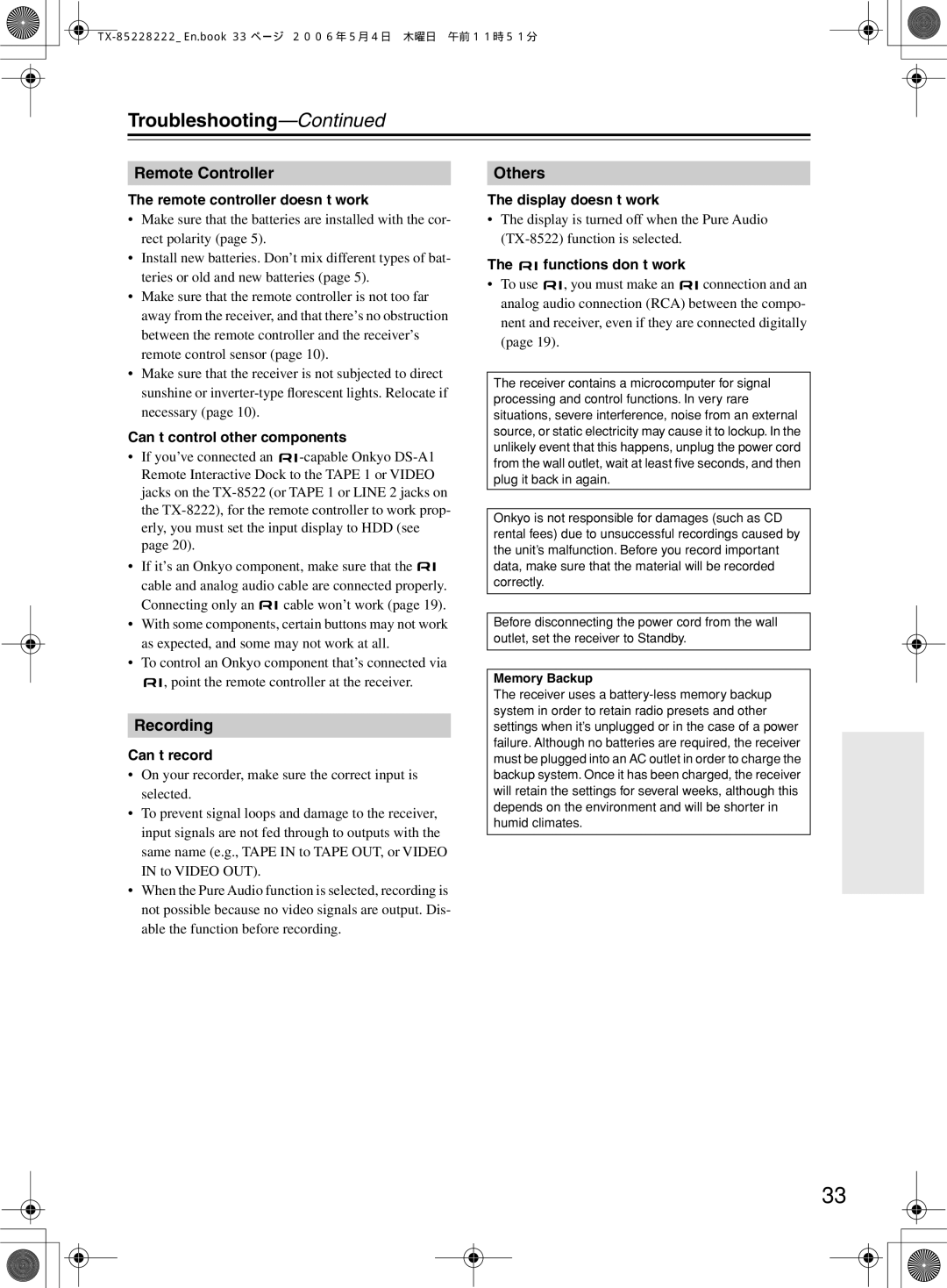 Onkyo TX-8522, TX-8222 instruction manual Troubleshooting 