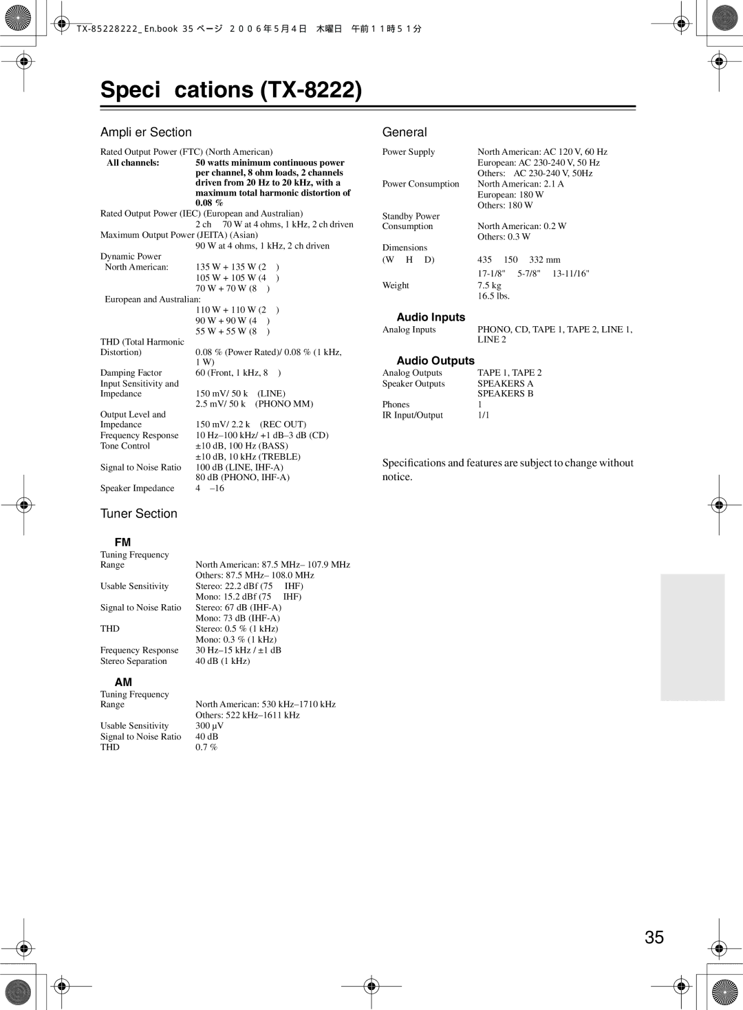 Onkyo TX-8522 instruction manual Speciﬁcations TX-8222 