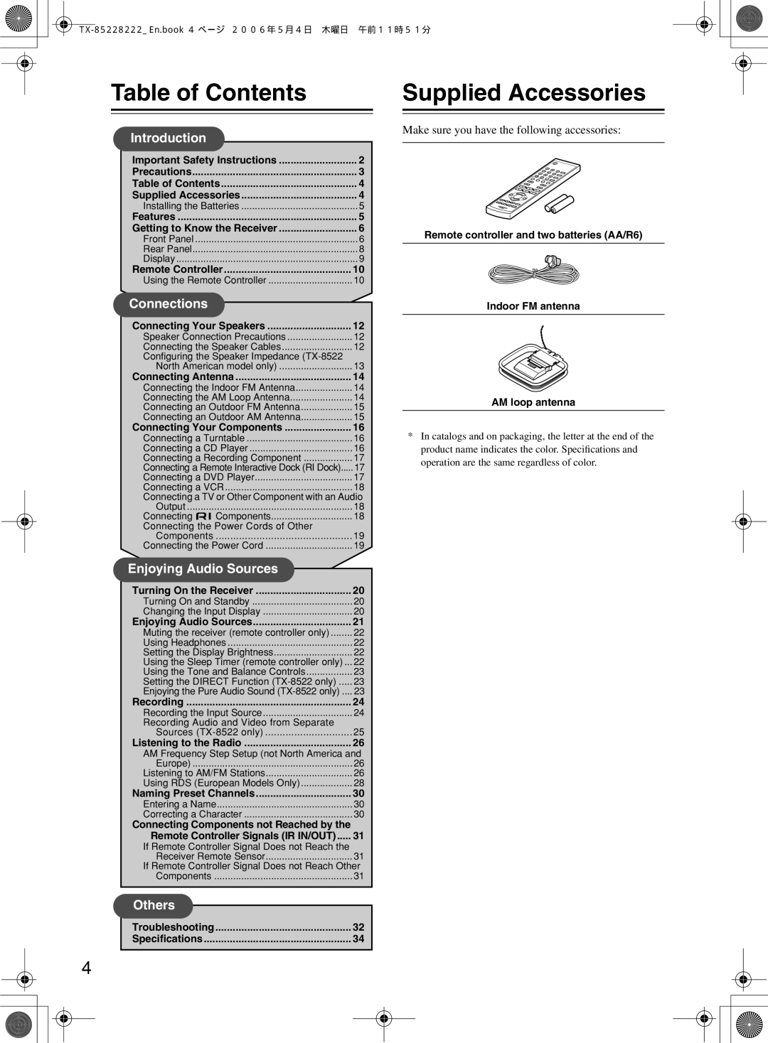 Onkyo TX-8222, TX-8522 instruction manual Table of Contents, Supplied Accessories 