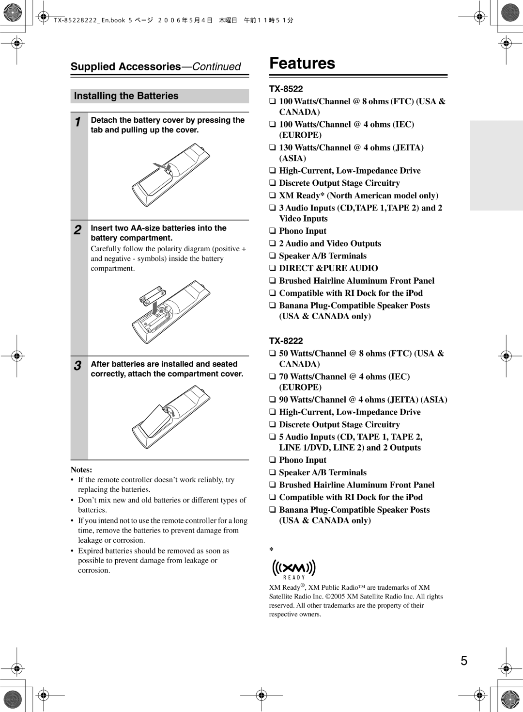 Onkyo TX-8522, TX-8222 instruction manual Features, Supplied Accessories, Installing the Batteries 