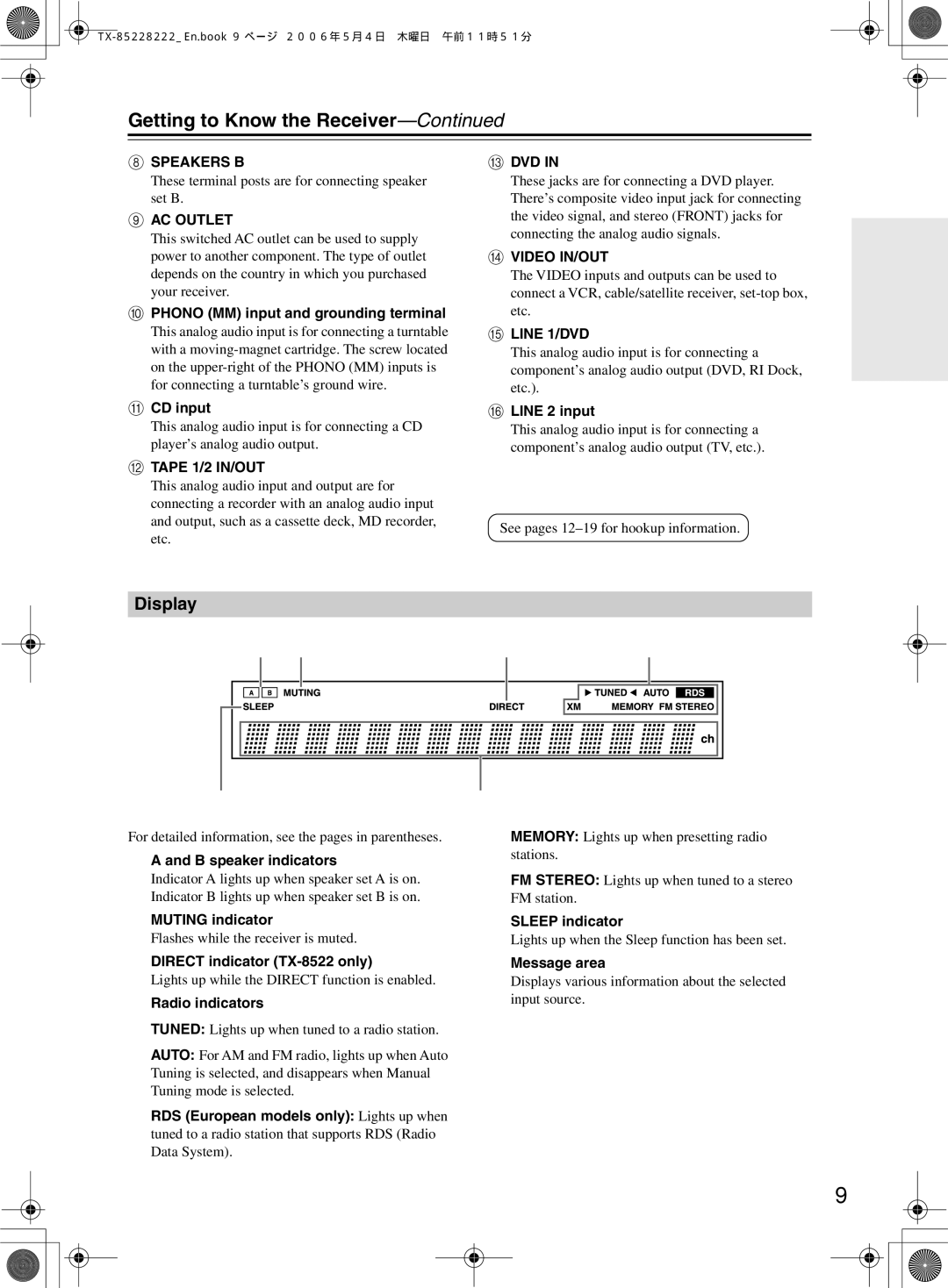 Onkyo TX-8522, TX-8222 instruction manual Display 