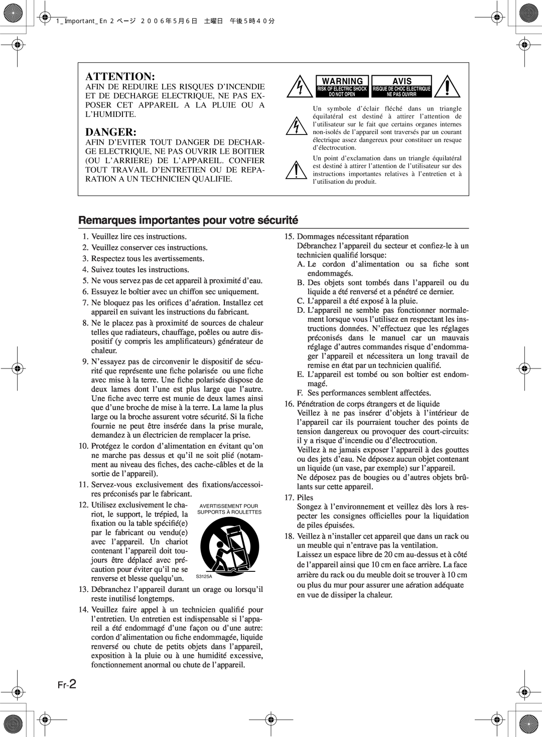 Onkyo TX-8222, TX-8522 manual Danger, Remarques importantes pour votre sécurité, Avis, Fr-2 