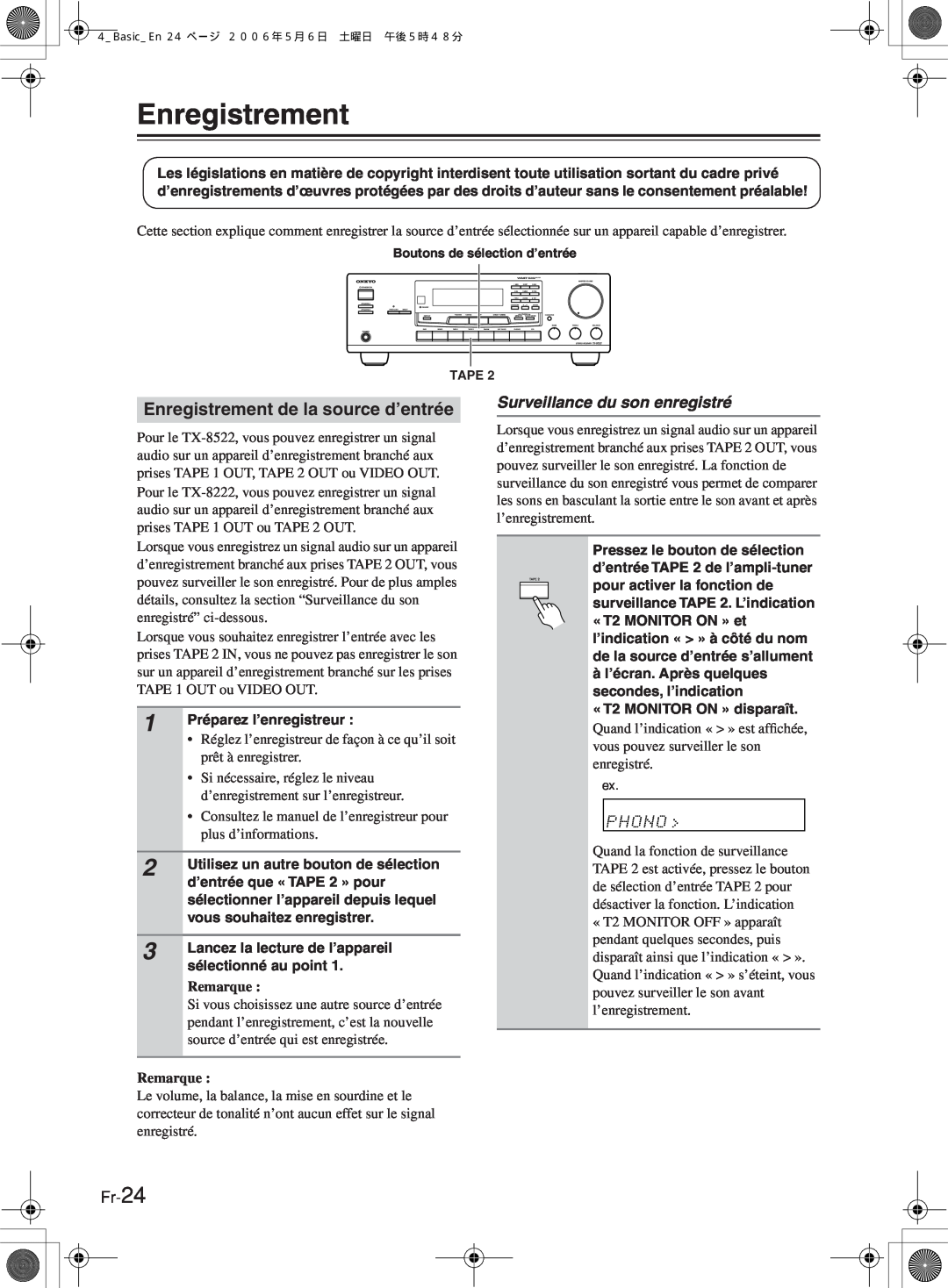 Onkyo TX-8222, TX-8522 manual Surveillance du son enregistré, Fr-24, Enregistrement de la source d’entrée, Remarque 
