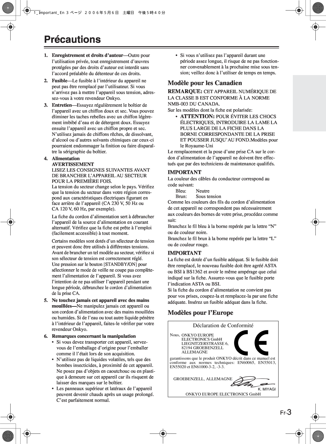 Onkyo TX-8522, TX-8222 manual Précautions, Modèle pour les Canadien, Modèles pour l’Europe, Déclaration de Conformité, Fr-3 