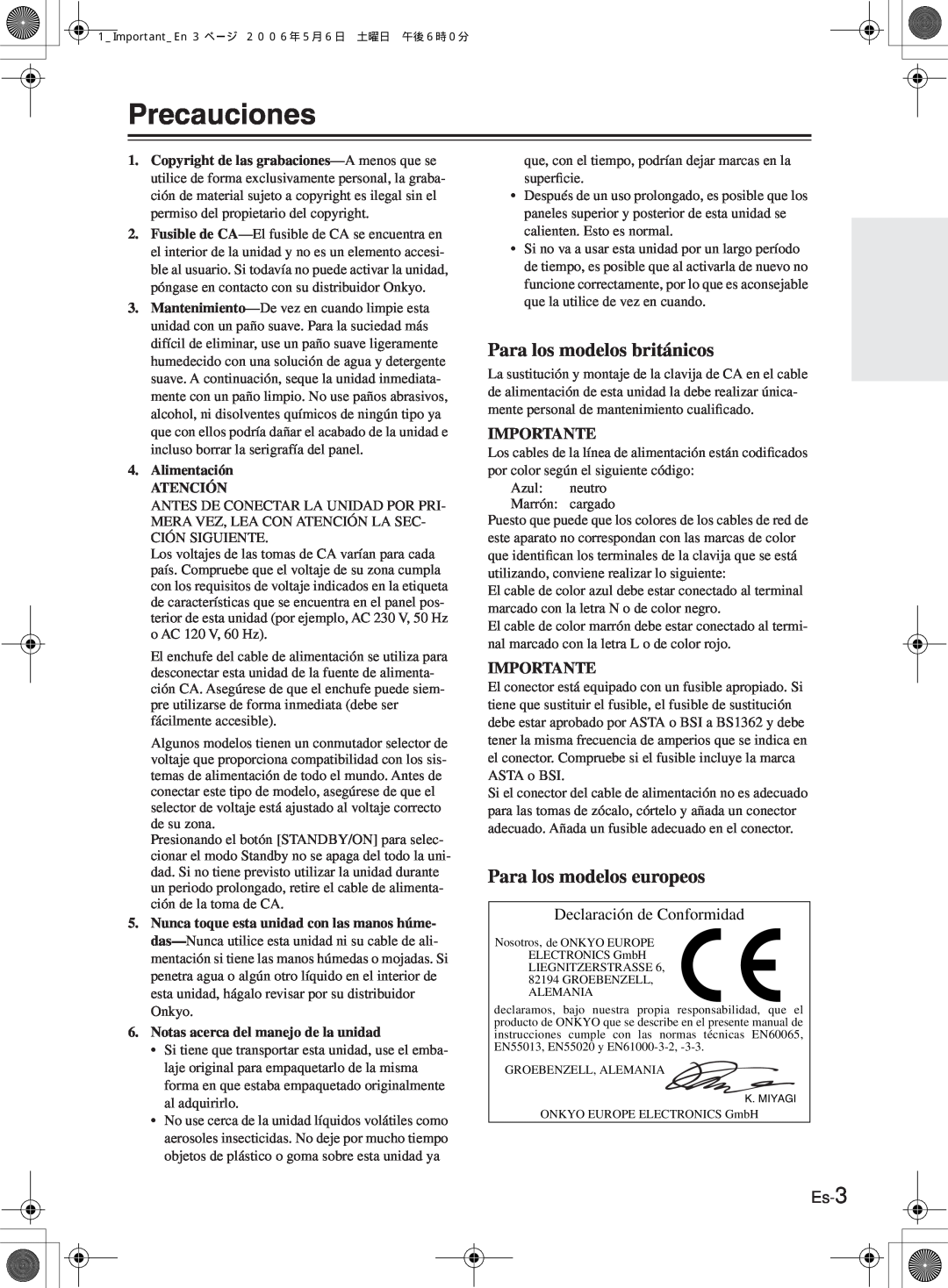 Onkyo TX-8522 manual Precauciones, Para los modelos británicos, Para los modelos europeos, Declaración de Conformidad, Es-3 