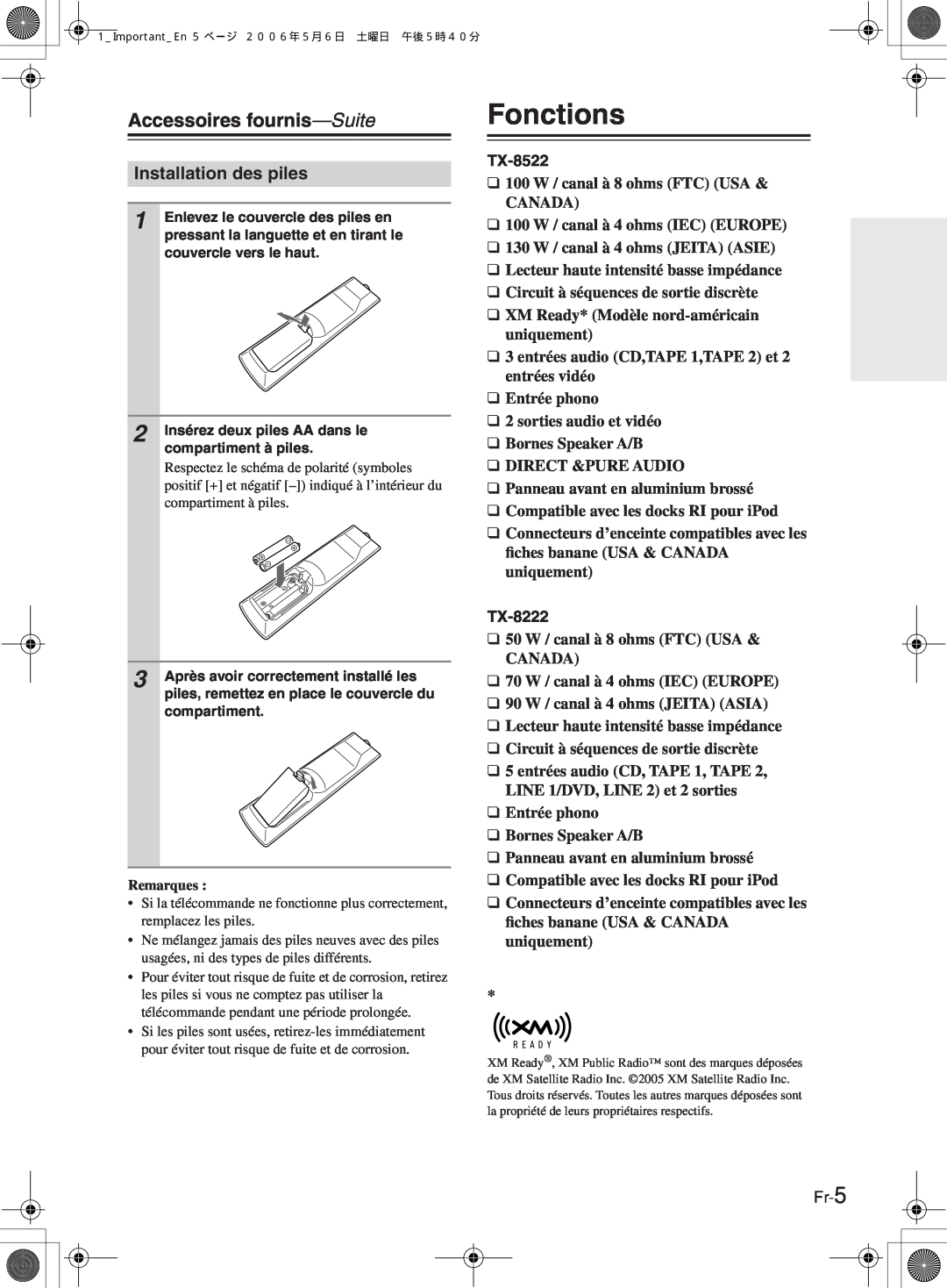 Onkyo TX-8522 manual Fonctions, Accessoires fournis—Suite, Installation des piles, TX-8222 