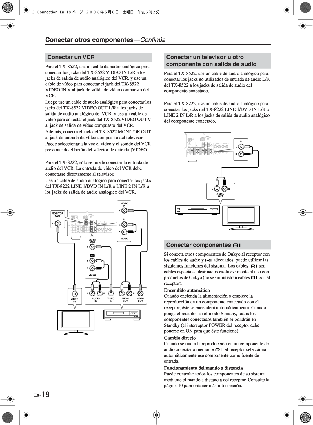 Onkyo TX-8222 Conectar un VCR, Conectar componentes, Es-18, Conectar otros componentes—Continúa, Encendido automático 