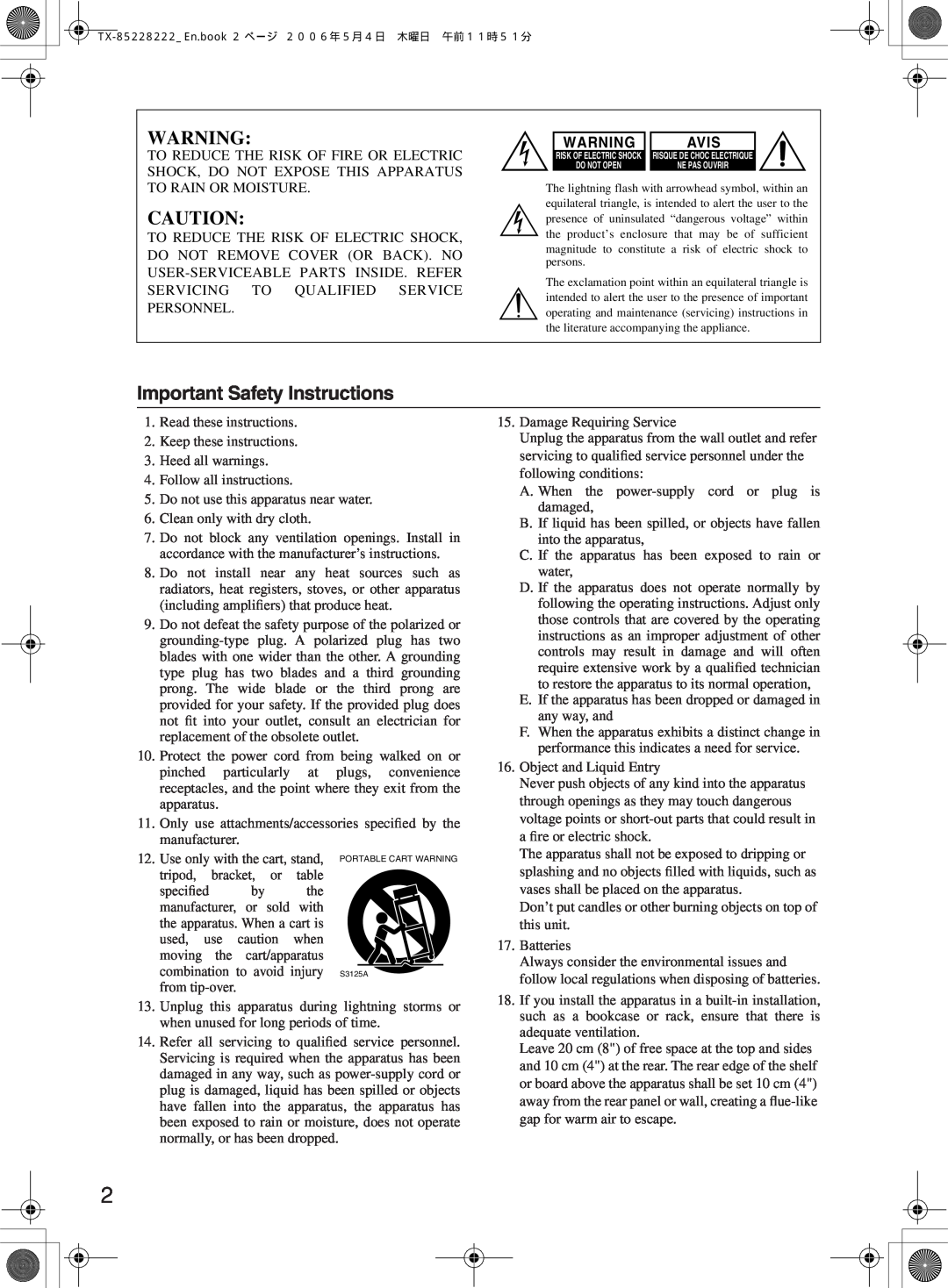 Onkyo TX-8222, TX-8522 instruction manual Important Safety Instructions, Avis 