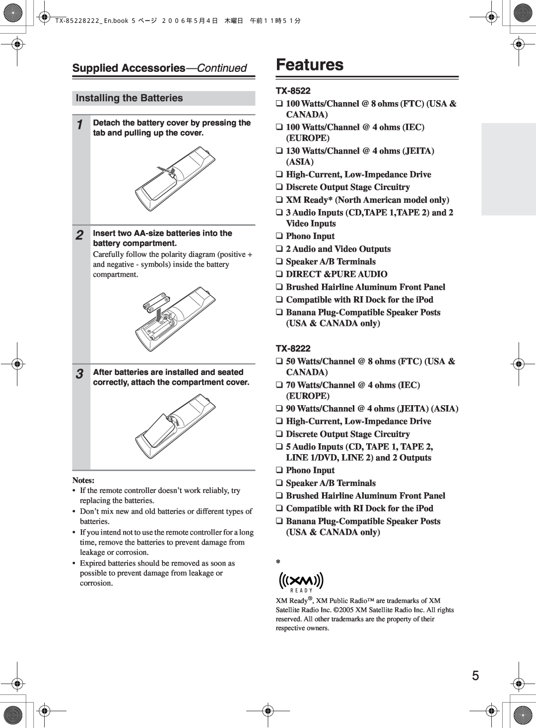 Onkyo TX-8522 instruction manual Features, Supplied Accessories-Continued, Installing the Batteries, TX-8222 
