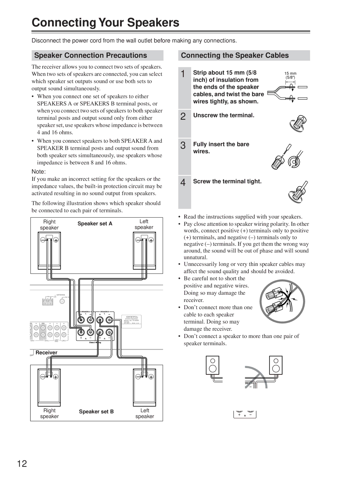 Onkyo TX-8255 instruction manual Connecting Your Speakers, Speaker Connection Precautions, Connecting the Speaker Cables 