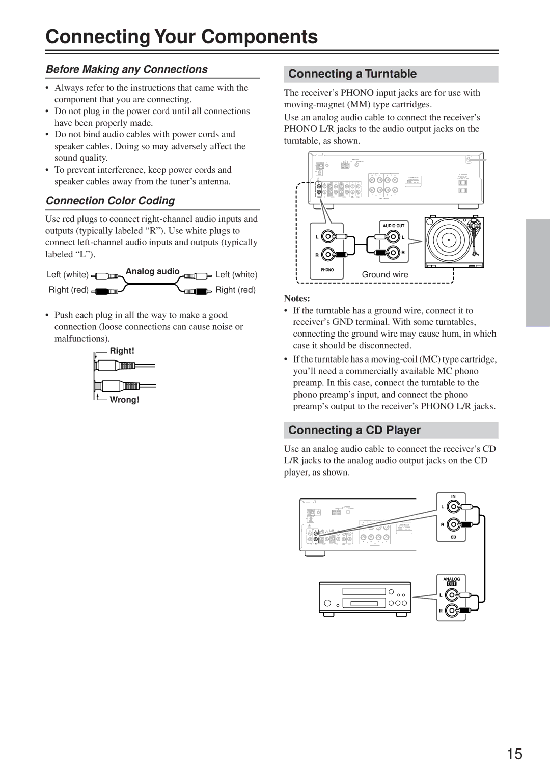 Onkyo TX-8255 Connecting Your Components, Connecting a Turntable, Connecting a CD Player, Before Making any Connections 