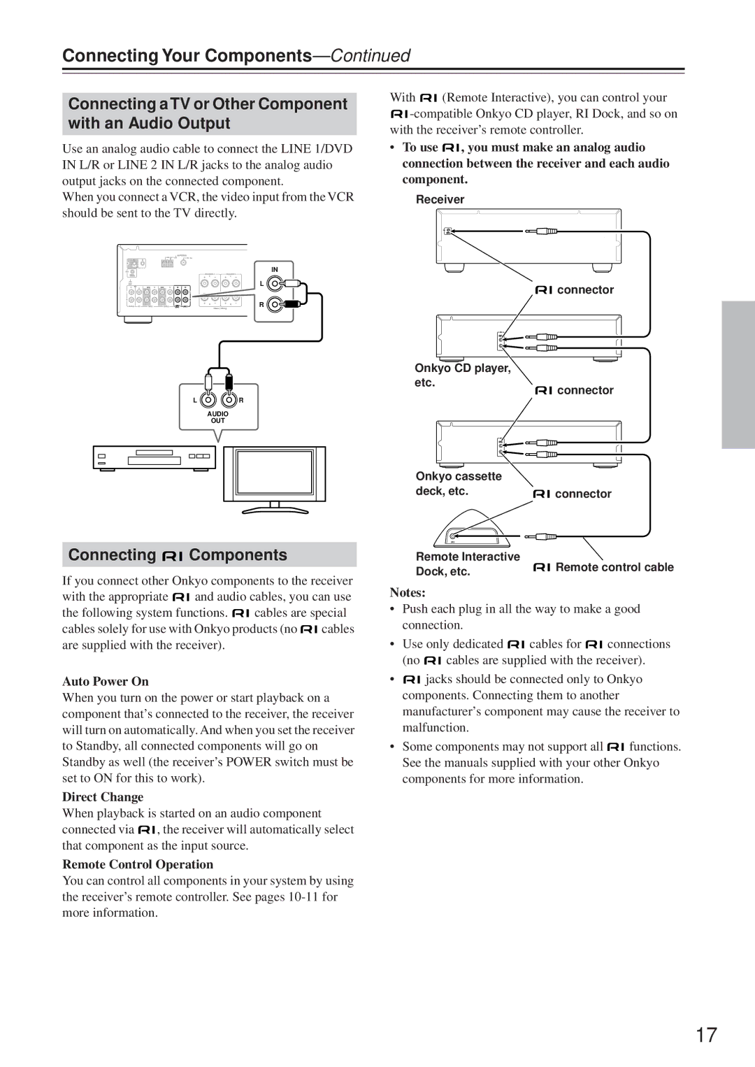 Onkyo TX-8255 Connecting aTV or Other Component with an Audio Output, Connecting Components, Auto Power On, Direct Change 