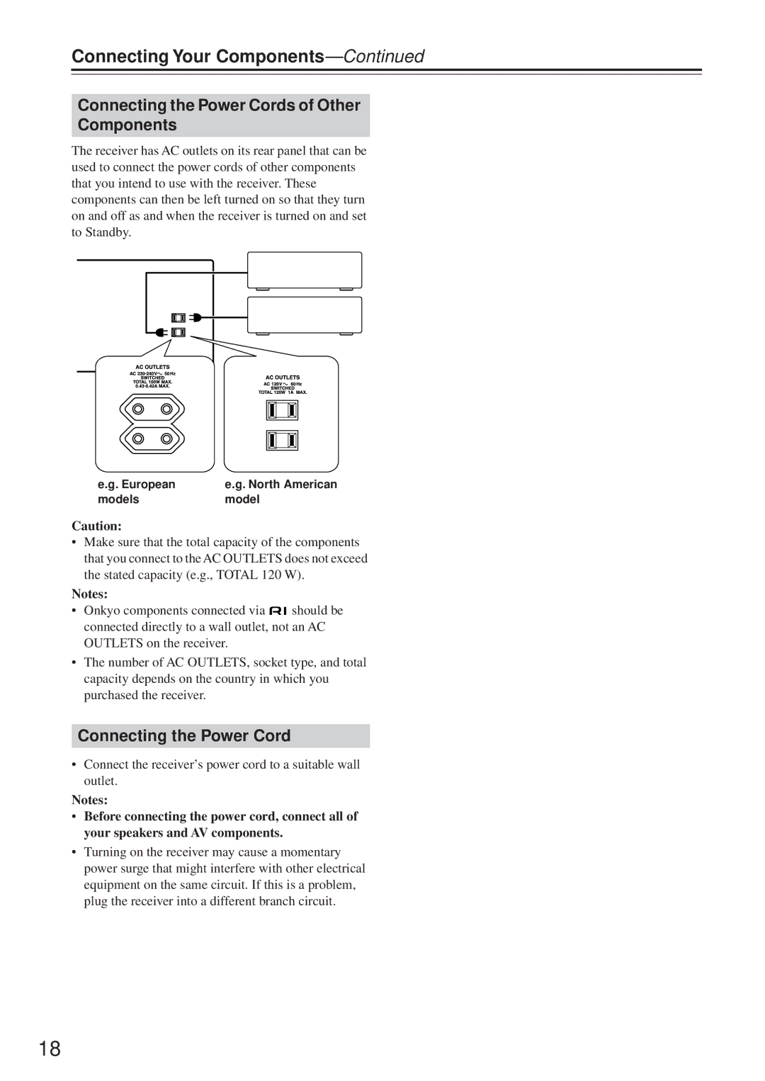 Onkyo TX-8255 instruction manual Connecting the Power Cords of Other Components 