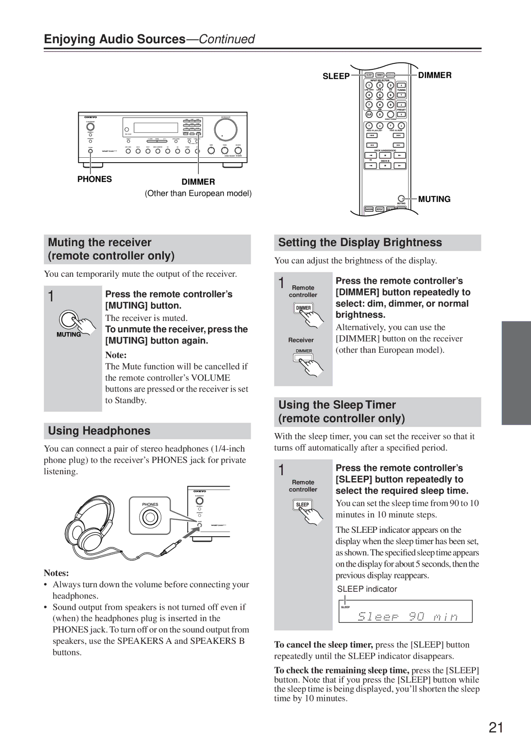 Onkyo TX-8255 Enjoying Audio Sources, Muting the receiver remote controller only, Setting the Display Brightness 